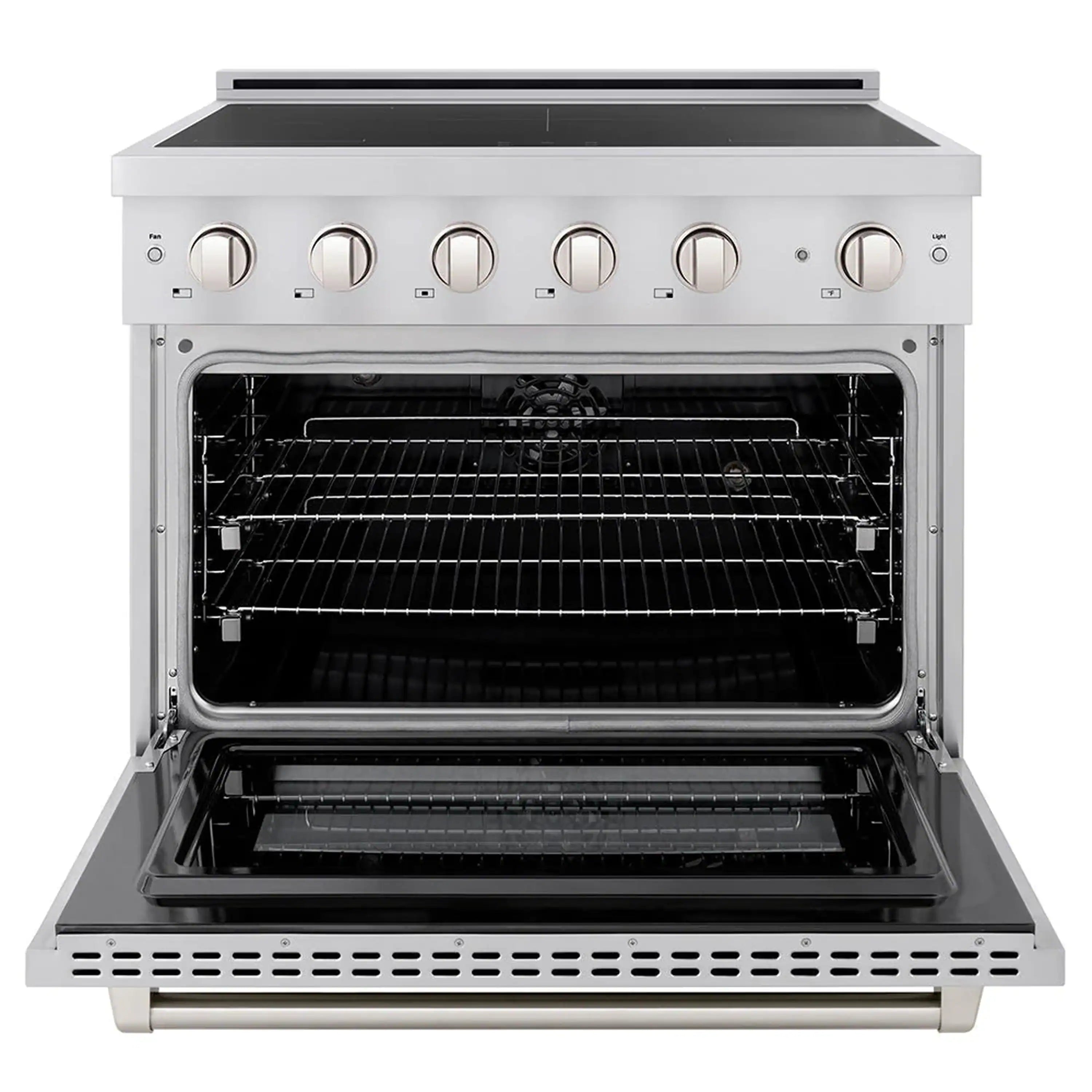 Induction range with oven door open and stainless oven interior