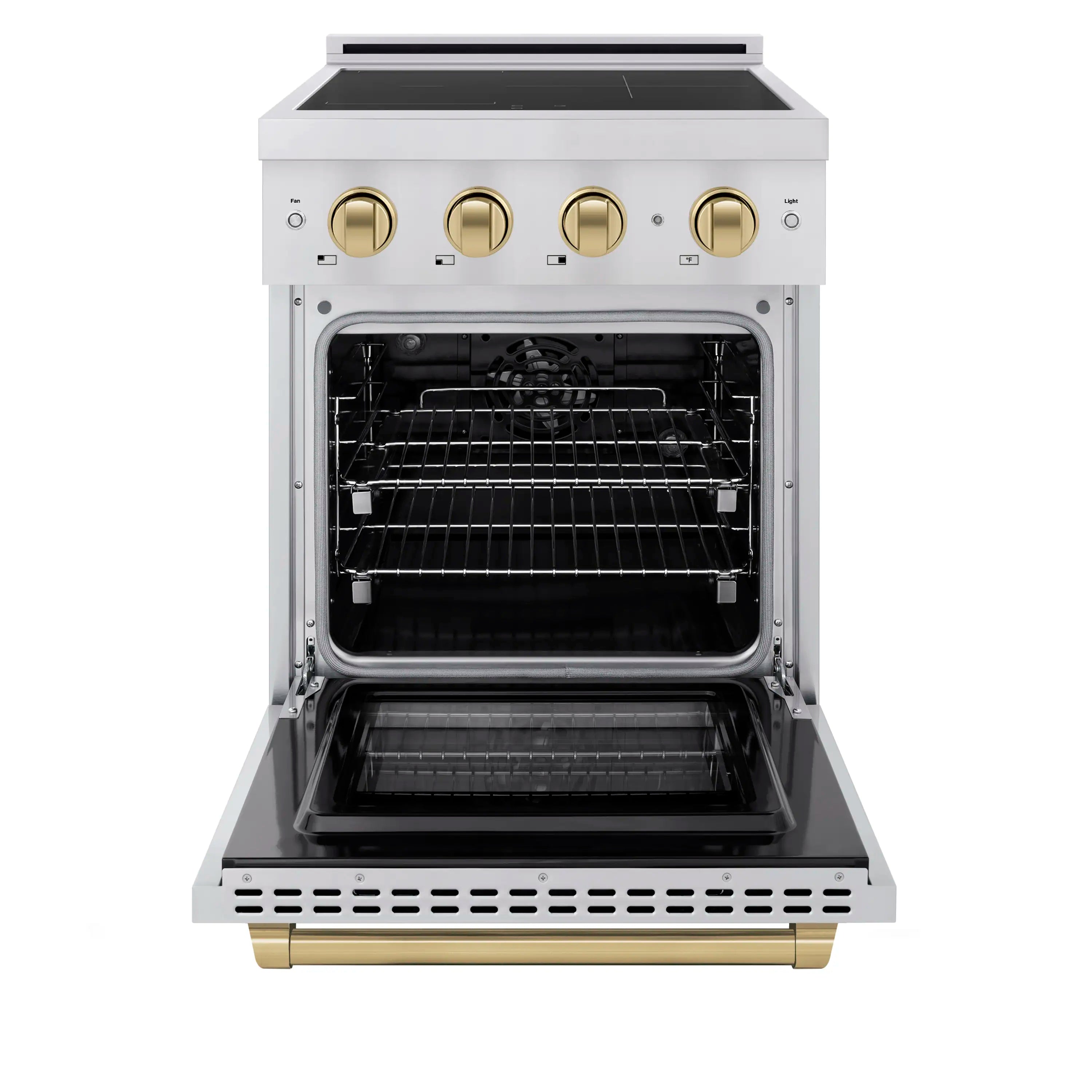 Stainless steel electric convection oven door open with racks, champagne bronze handle