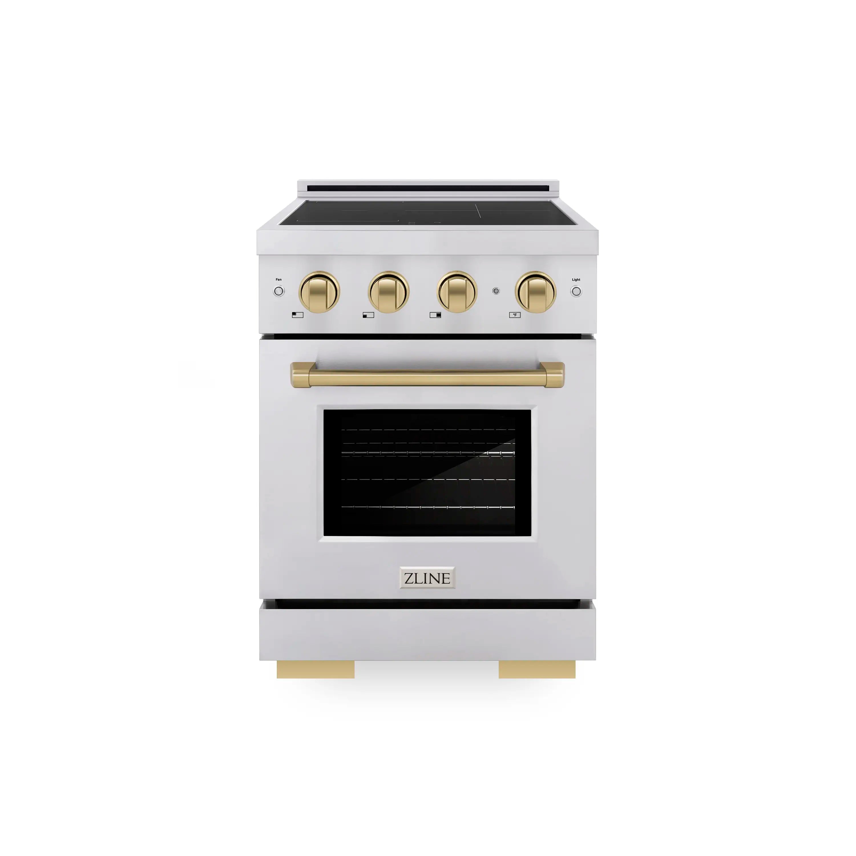 Stainless steel induction range with black glass cooktop and champagne bronze handle