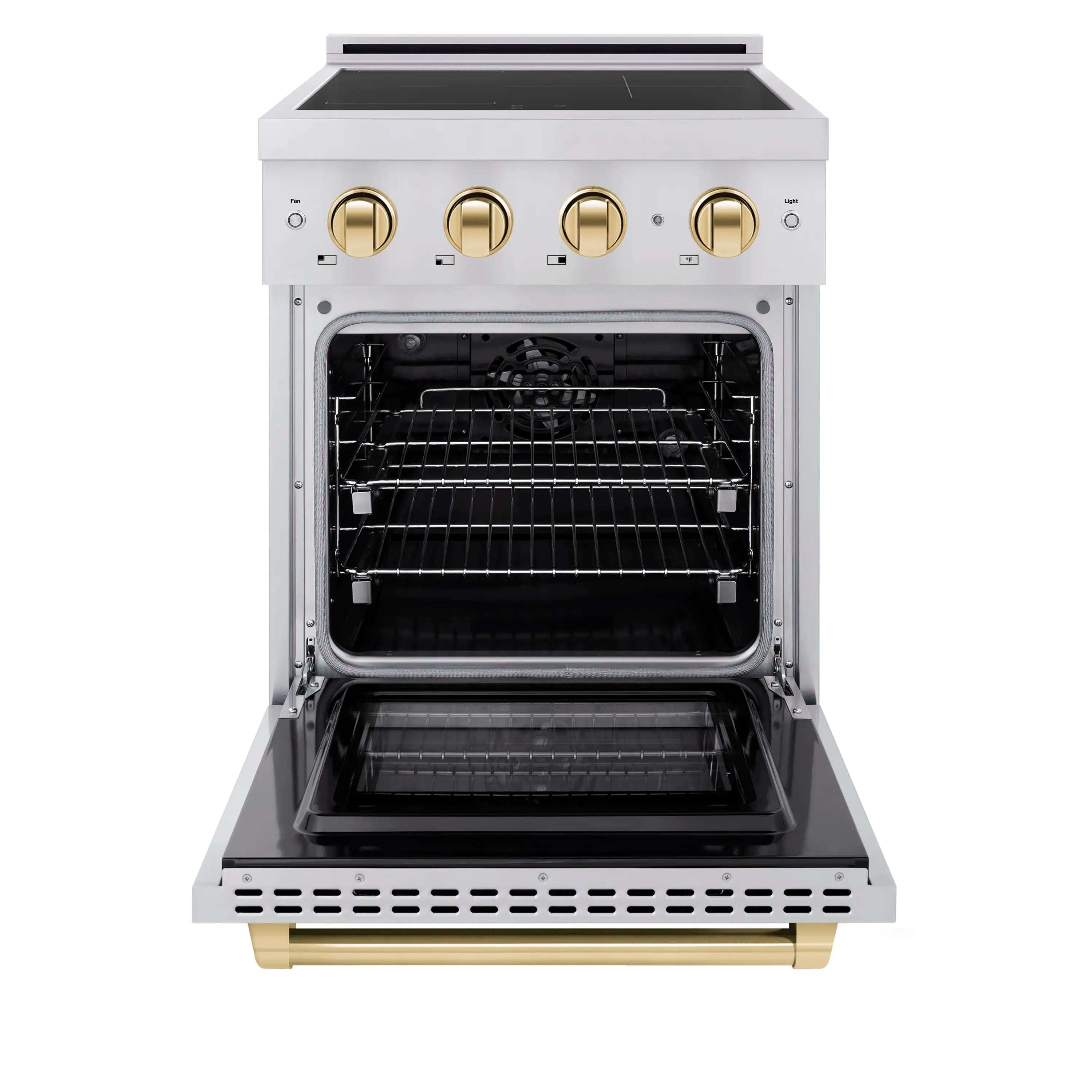 Stainless electric convection oven door open with wire racks and gold control knobs