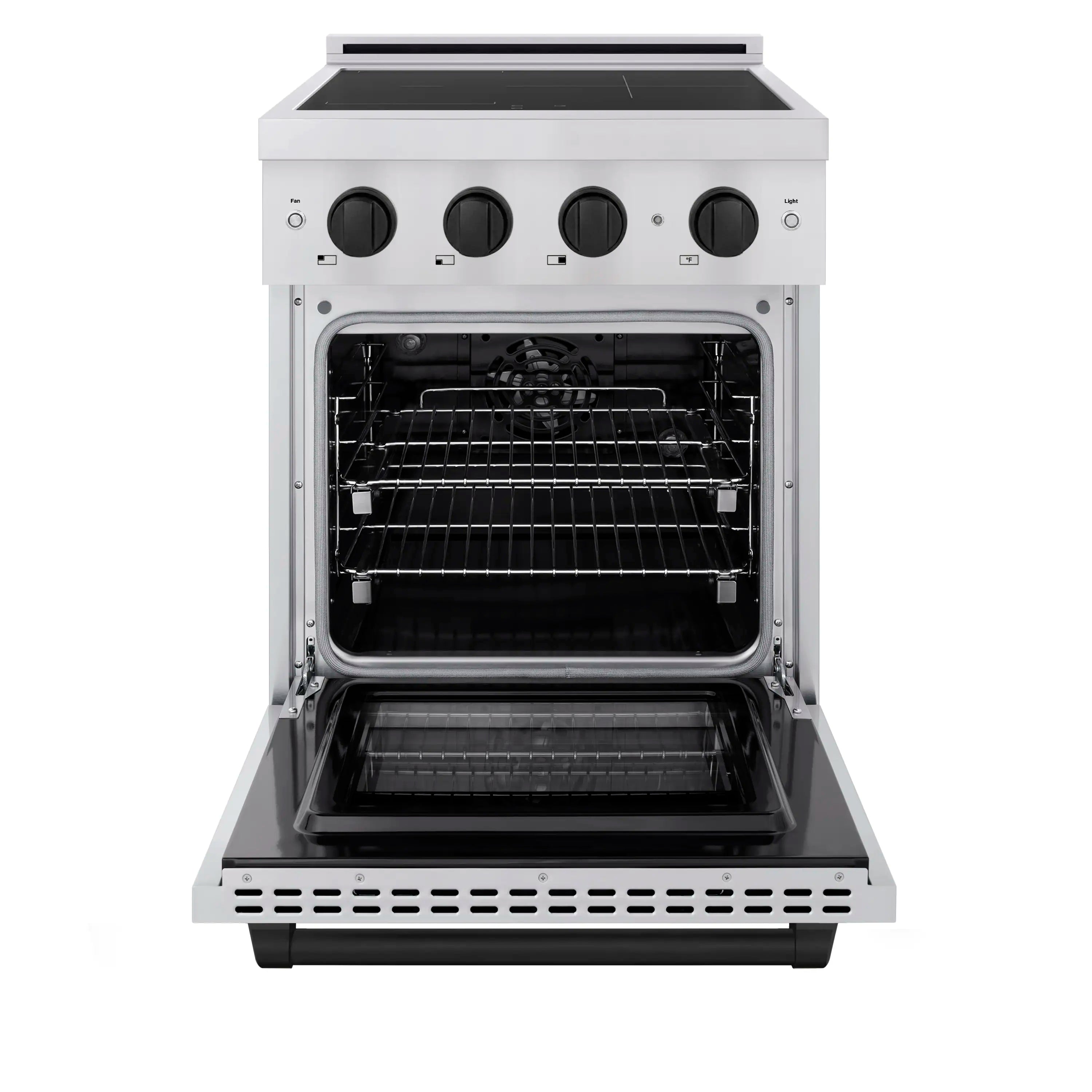 Built-in electric convection oven with open door, interior rack and dark baking cavity