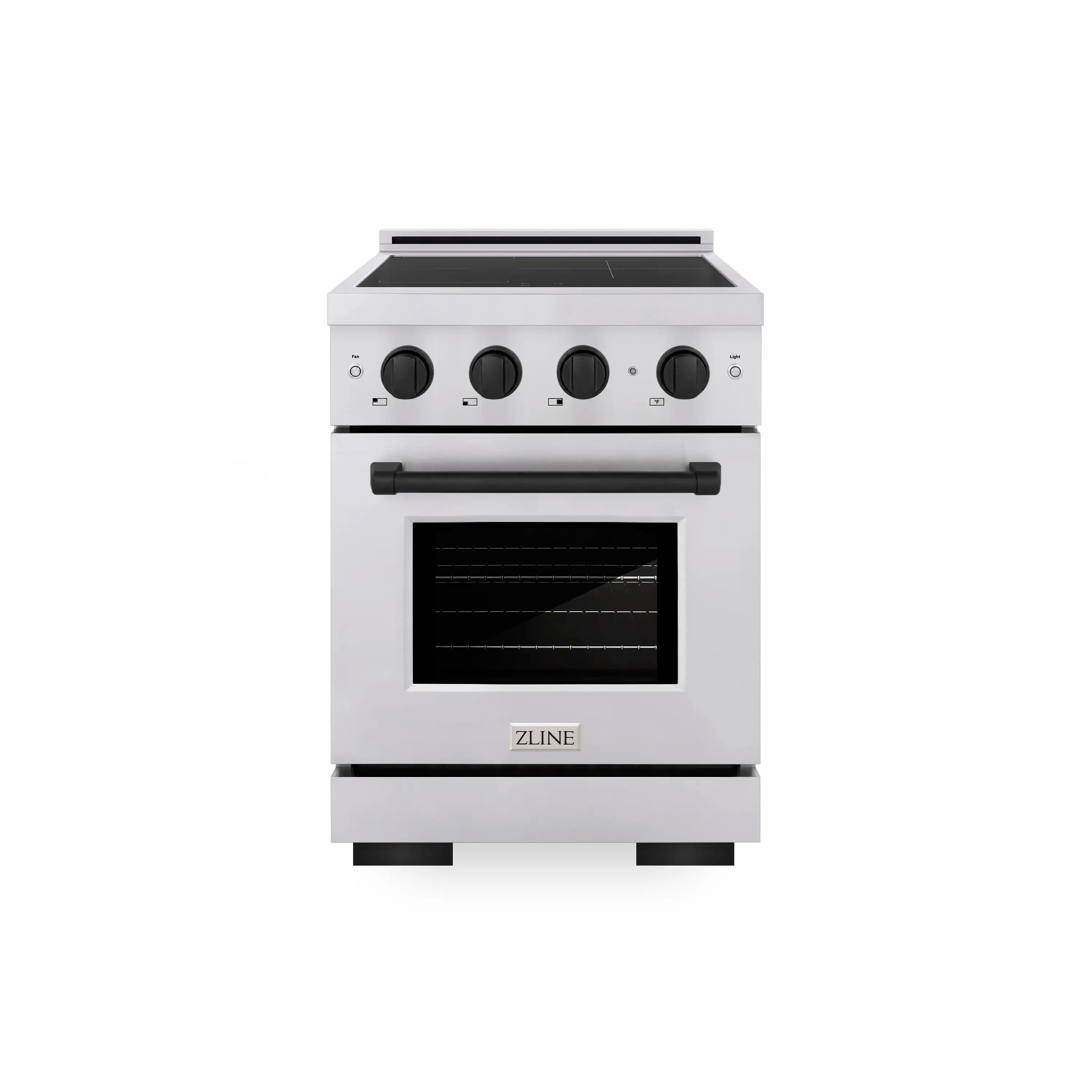 Stainless steel electric range with matte black control knobs, cooktop and oven door