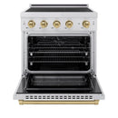 ZLINE 4-Piece Appliance Package - 30-Inch Autograph Edition Induction Range, Wall Mount Range Hood, 36-Inch French Door Refrigerator, and Dishwasher in Stainless Steel with Champagne Bronze Trim