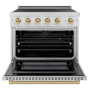 ZLINE 4-Piece Appliance Package - 30-Inch Autograph Edition Induction Range, Wall Mount Range Hood, 36-Inch French Door Refrigerator, and Dishwasher in Stainless Steel with Champagne Bronze Trim