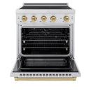 ZLINE 5-Piece Appliance Package - 30-Inch Autograph Induction Range, Wall Mount Range Hood, 36-Inch French Door Refrigerator, Dishwasher, and 30-Inch Microwave Drawer in Stainless Steel with Champagne Bronze Accents