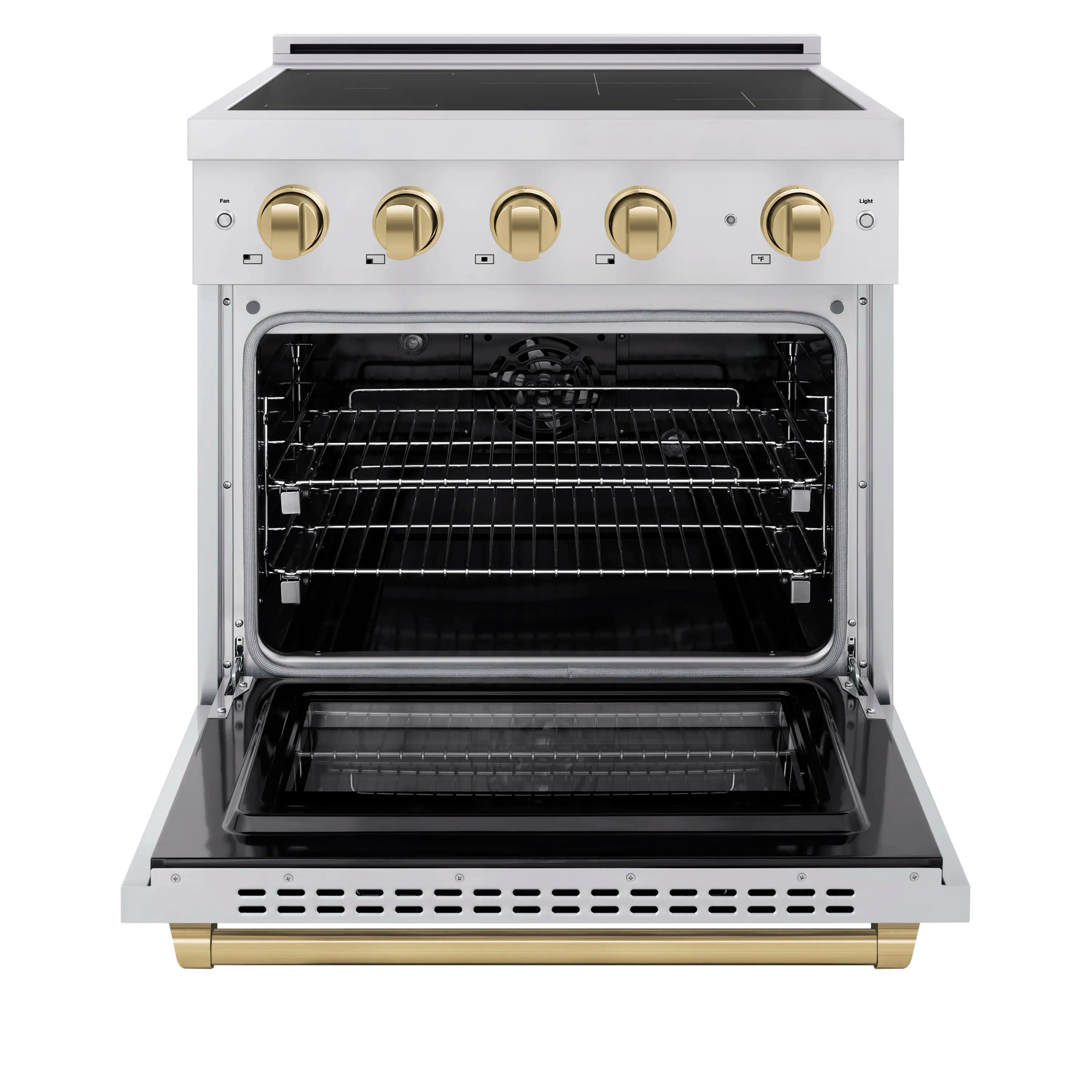 Stainless steel induction range with open oven and four bronze control knobs.