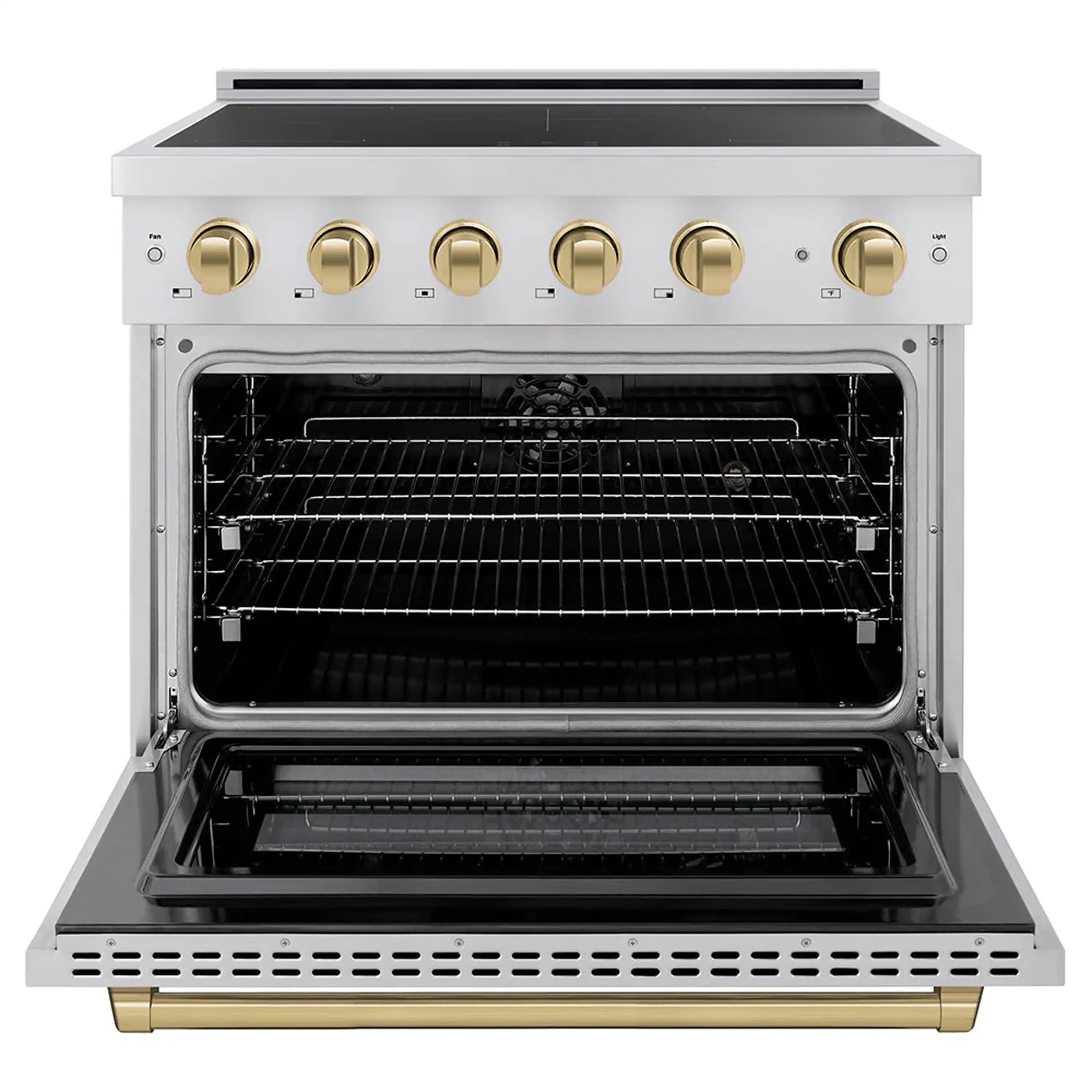 Open induction oven with wire racks and black interior, champagne bronze control knobs