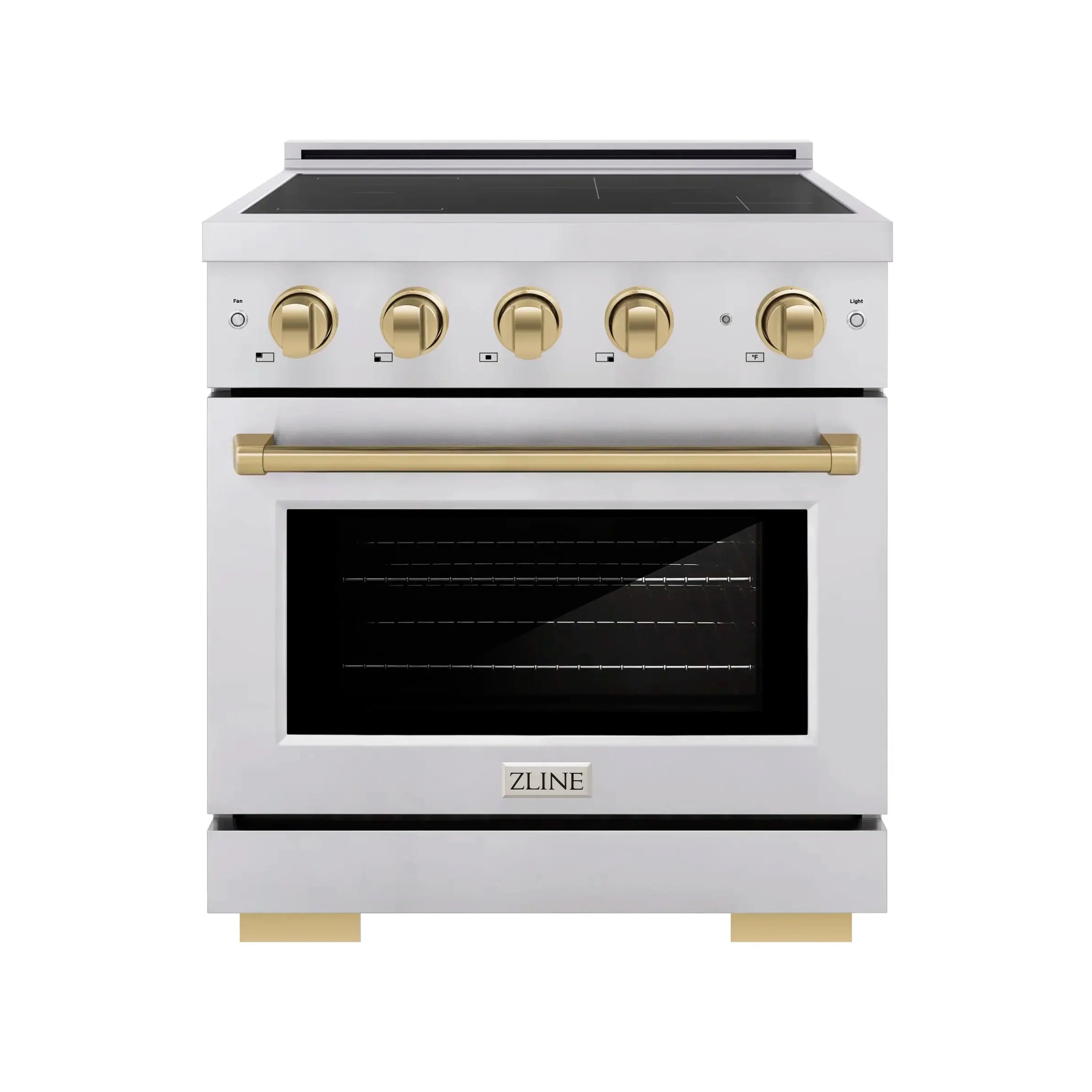 Stainless steel induction range with black glass cooktop and champagne bronze knobs