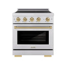 ZLINE 5-Piece Appliance Package - 30-Inch Autograph Induction Range, Wall Mount Range Hood, 36-Inch French Door Refrigerator with Water Dispenser, Dishwasher, and 30-Inch Microwave Drawer in Stainless Steel with Champagne Bronze Accents