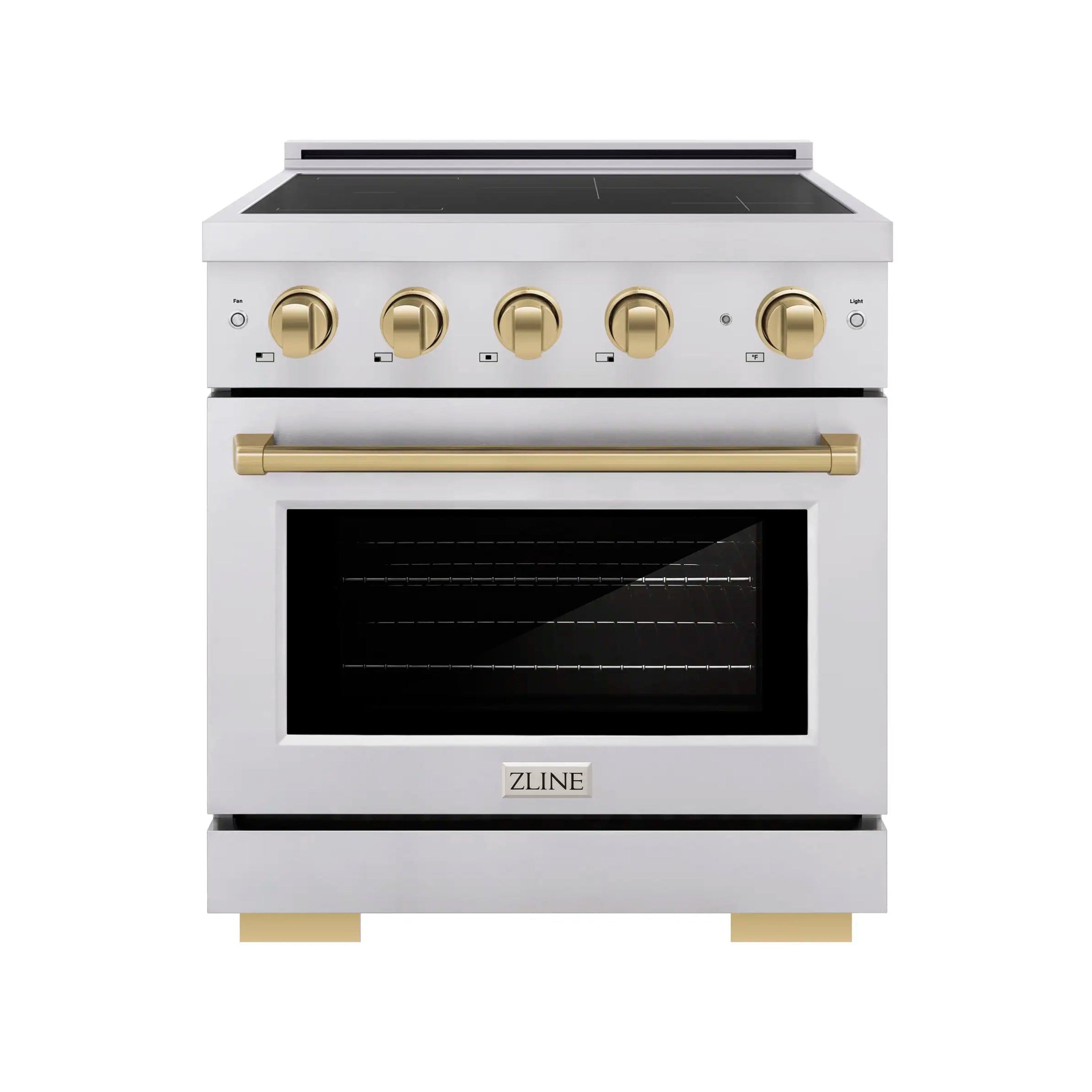 Stainless steel induction range with matte black cooktop and bronze control knobs.