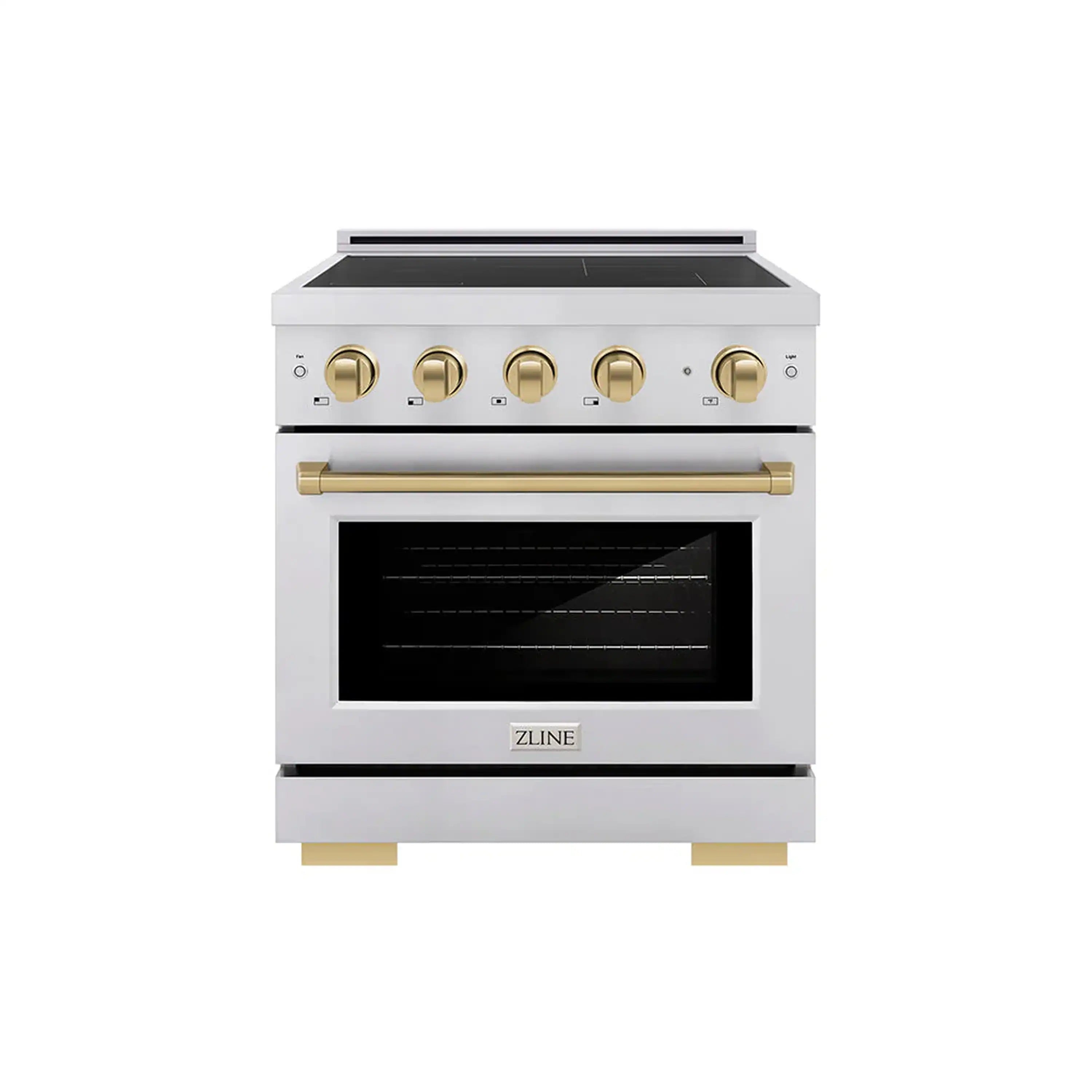 Stainless steel induction range with open oven door and champagne bronze accents