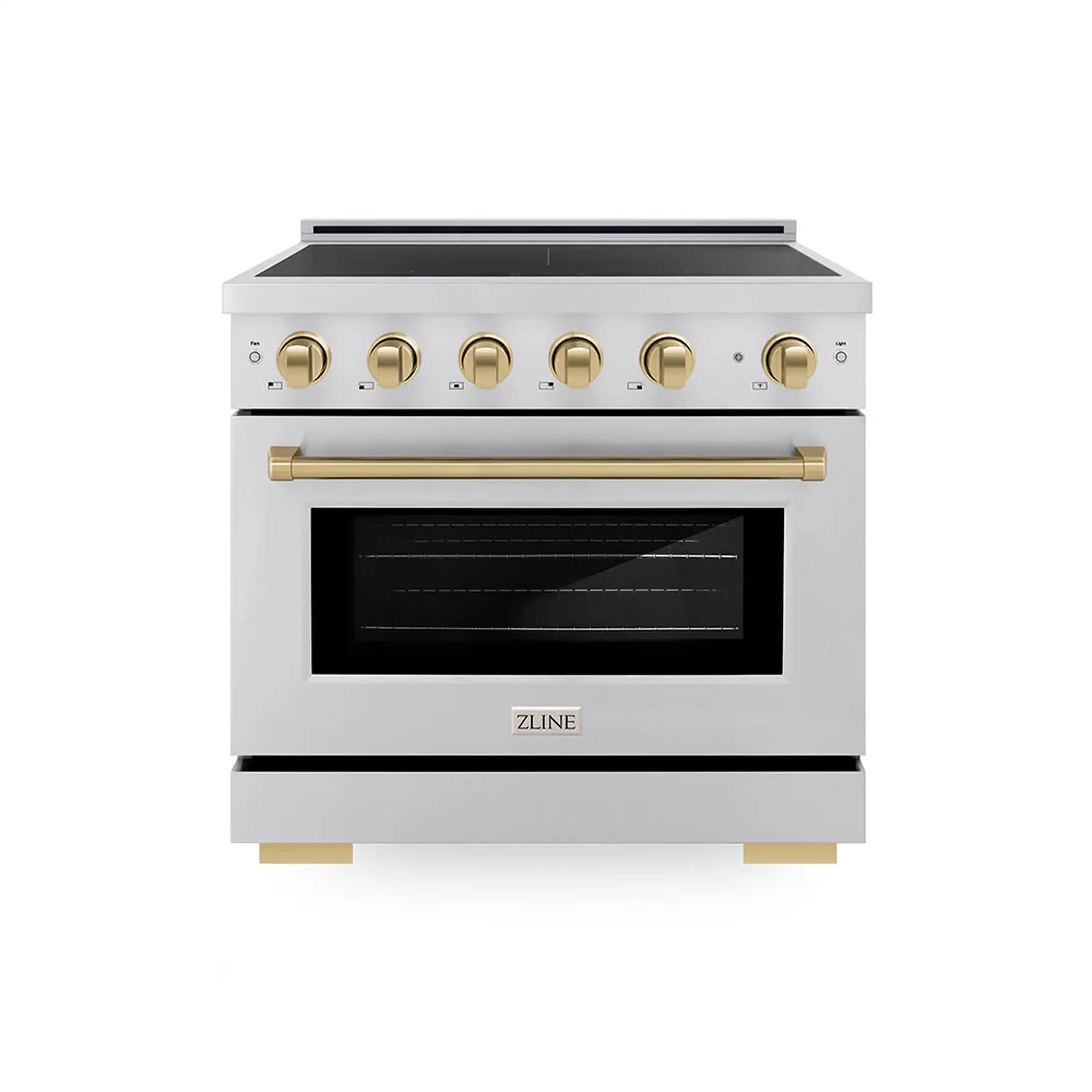 Stainless steel electric oven with black window and champagne bronze control knobs