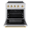 ZLINE 5-Piece Appliance Package - 30-Inch Autograph Induction Range, Wall Mount Range Hood, 36-Inch French Door Refrigerator with Water Dispenser, Dishwasher, and 30-Inch Microwave Drawer in Stainless Steel with Gold Accents