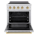 ZLINE 4-Piece Appliance Package - 36-Inch Autograph Edition Induction Range, Wall Mount Range Hood, 36-Inch French Door Refrigerator, and Dishwasher in Stainless Steel with Gold Trim