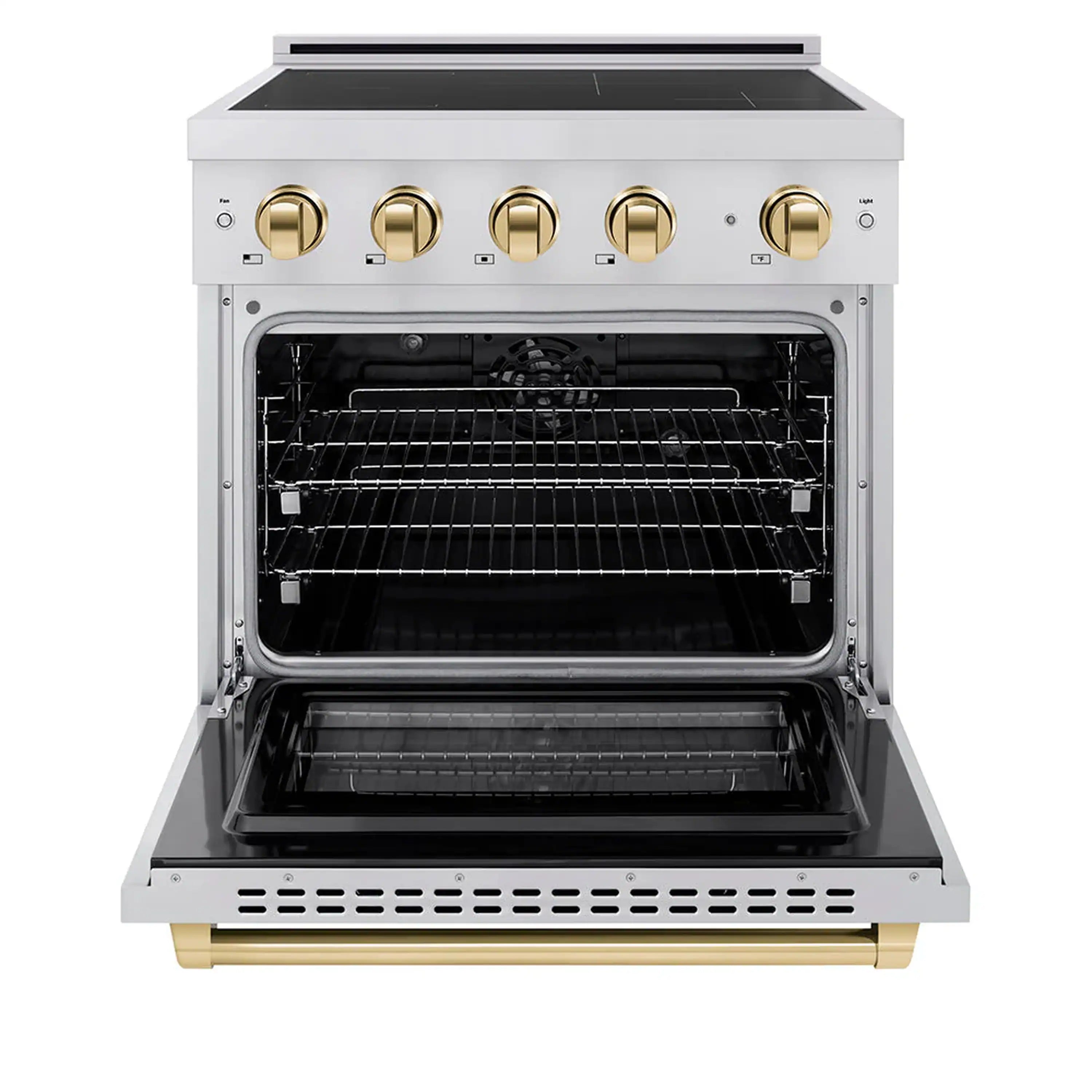 Induction range with oven door open, showing black interior and wire racks