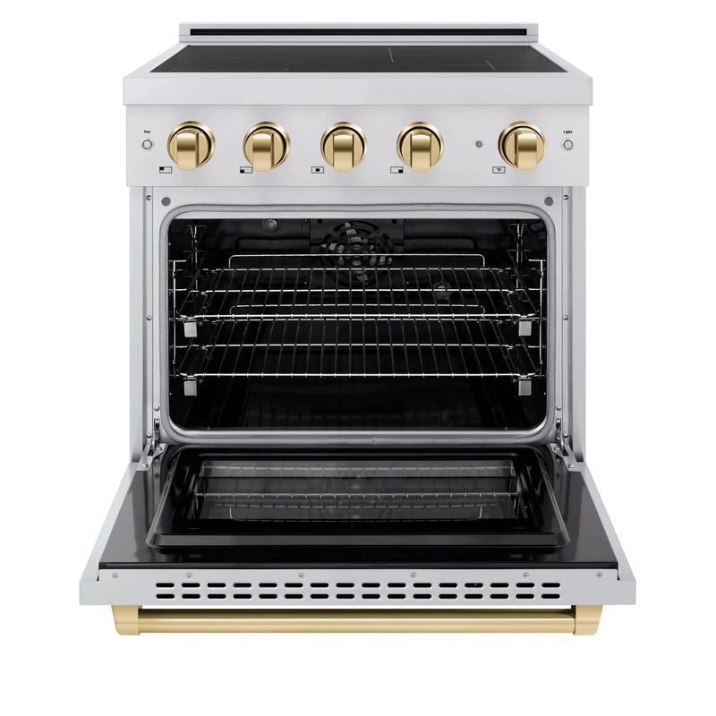 ZLINE 30-Inch, 4.2 Cu. Ft. Paramount Induction Range with 4 Element Cooktop and Electric Convection Oven in Stainless Steel with Polished Gold Accents (SINRZ-30-G)