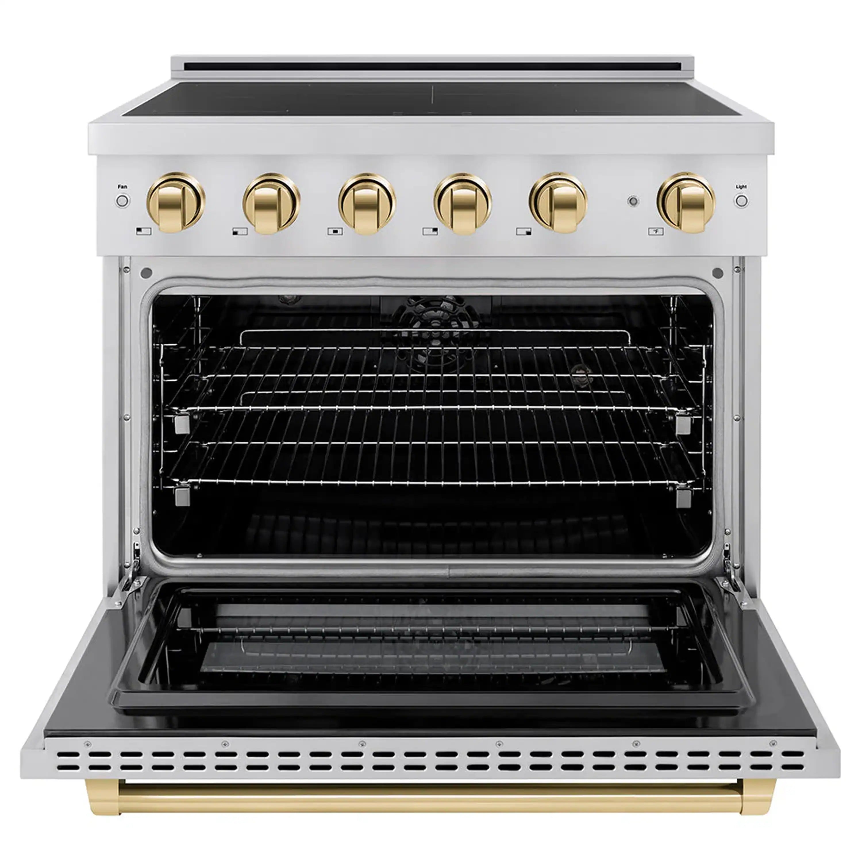 Stainless steel electric convection oven with open door, racks, and baking surface