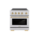 ZLINE 4-Piece Appliance Package - 36-Inch Autograph Edition Induction Range, Wall Mount Range Hood, 36-Inch French Door Refrigerator, and Dishwasher in Stainless Steel with Gold Trim