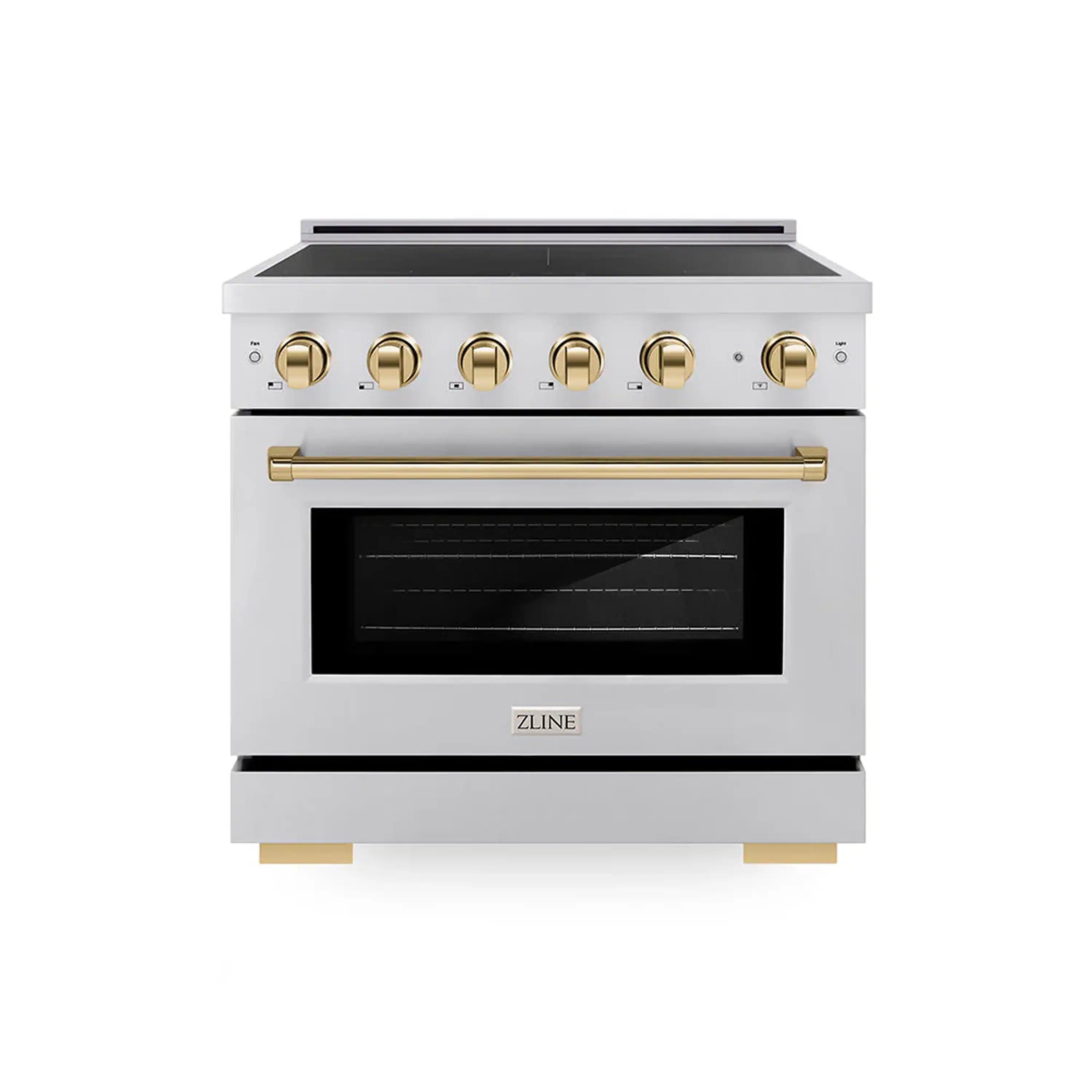 Stainless steel range oven with gold control knobs and black oven door window