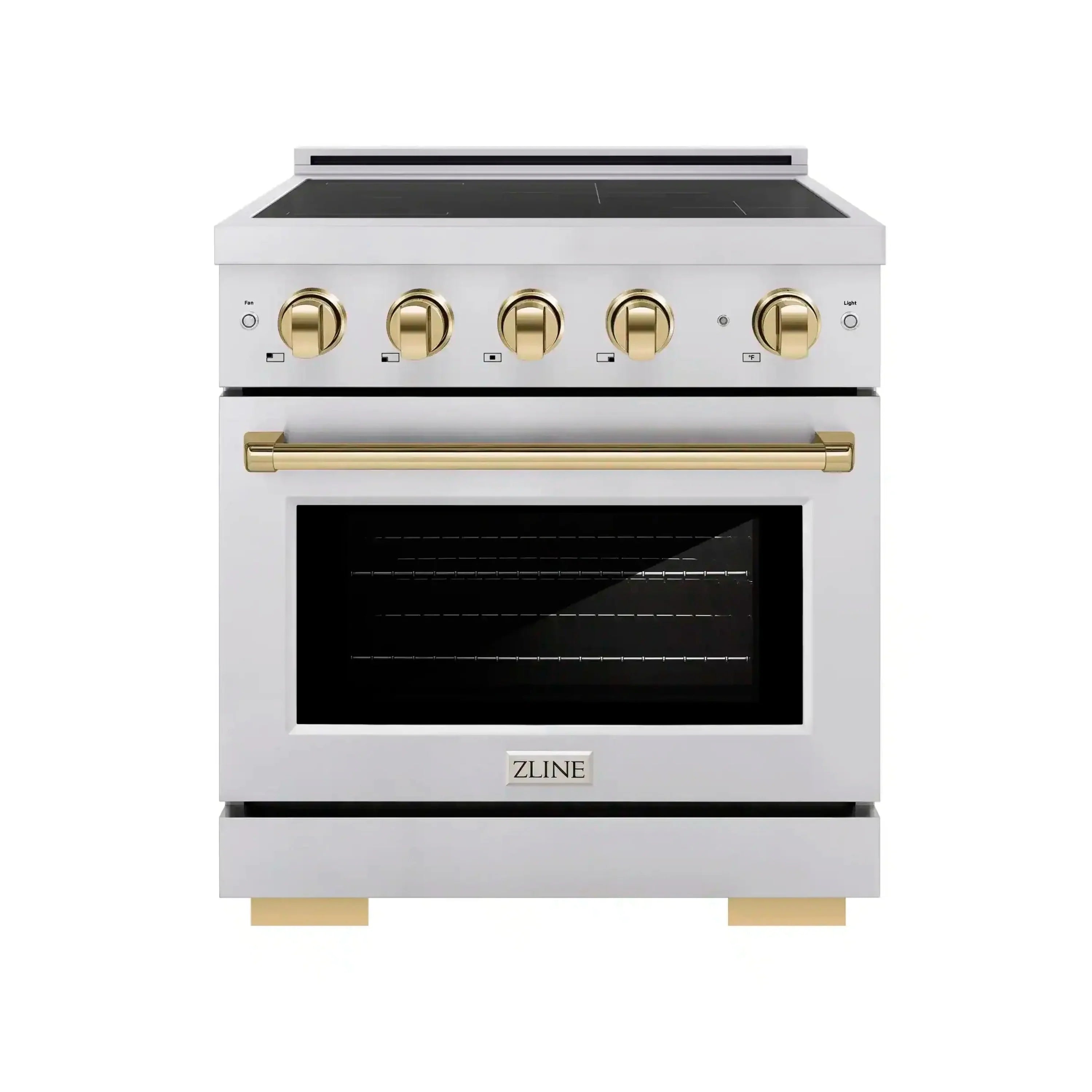 White induction range with open oven door, black interior, and gold control knobs
