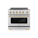 ZLINE 5-Piece Appliance Package - 36-Inch Autograph Edition Induction Range, Wall Mount Range Hood, 36-Inch French Door Refrigerator, Dishwasher, and 30-Inch Microwave Drawer in Stainless Steel with Gold Accents