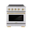 ZLINE 5-Piece Appliance Package - 30-Inch Autograph Induction Range, Wall Mount Range Hood, 36-Inch French Door Refrigerator, Dishwasher, and 30-Inch Microwave Drawer in Stainless Steel with Gold Accents