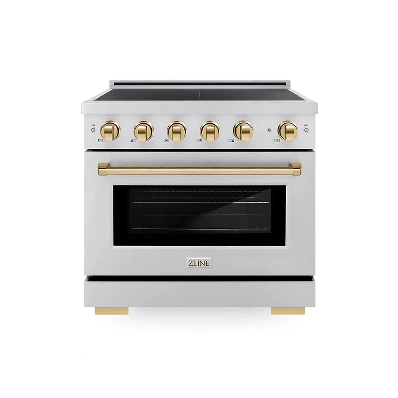 ZLINE 4-Piece Appliance Package - 36-Inch Paramount Induction Range, Wall Mount Range Hood, Refrigerator with Water Dispenser, and Dishwasher in Stainless Steel with Polished Gold Trim