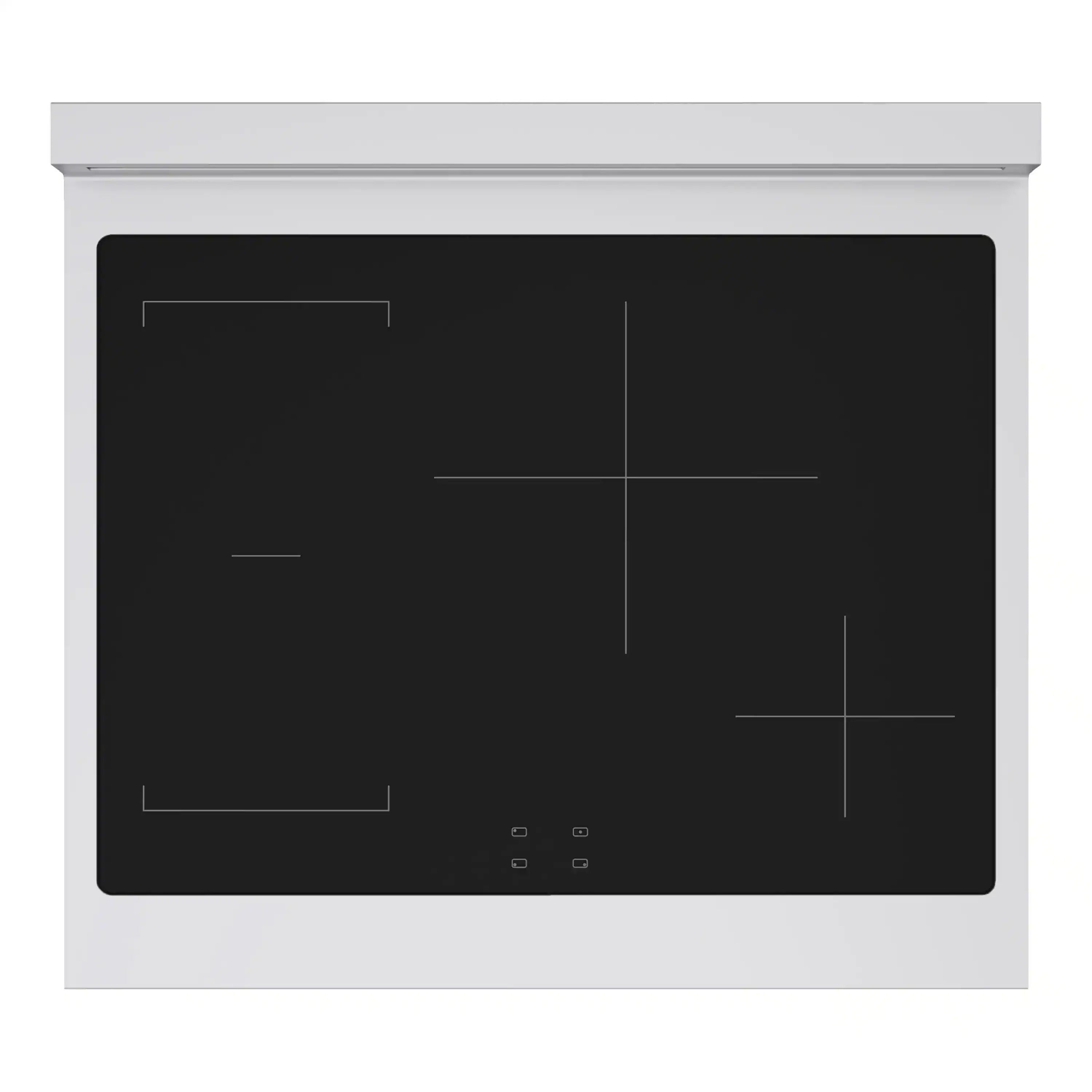 Induction glass cooktop with four zone markings and touch control icons