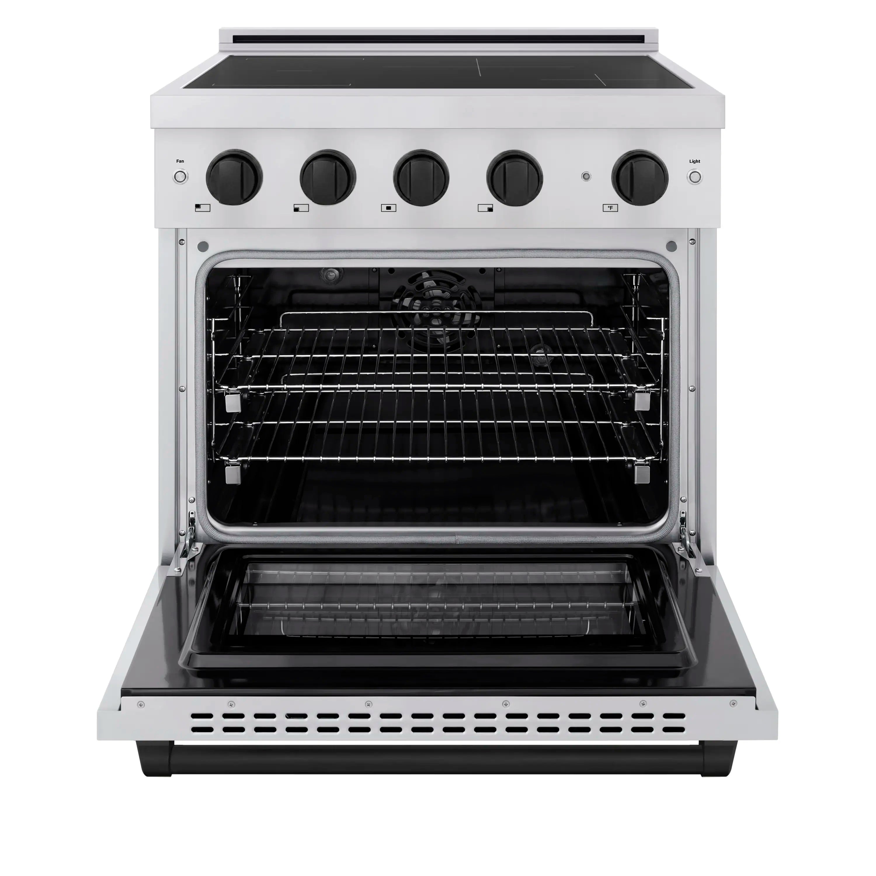 Stainless steel convection oven with open door and wire rack inside