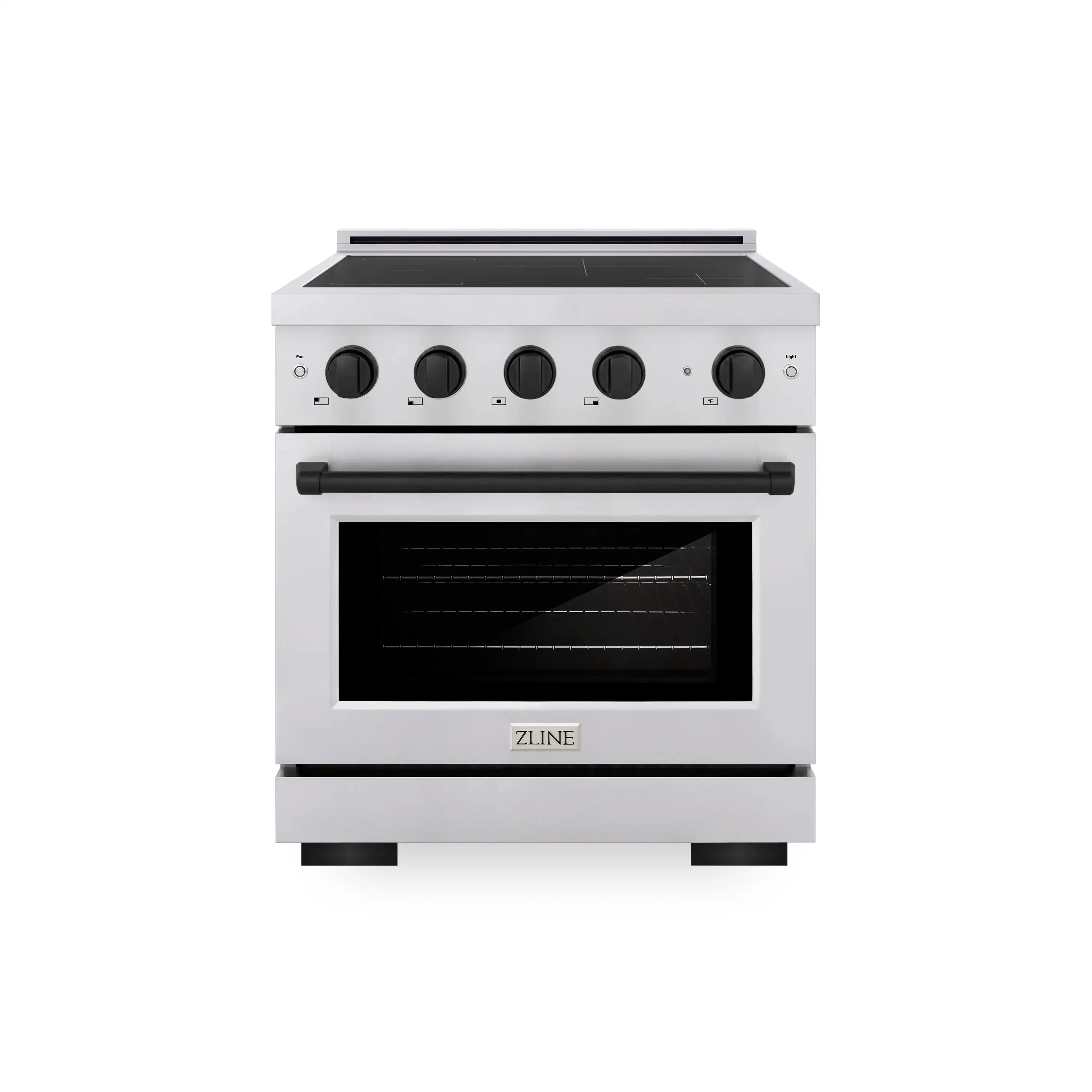 Stainless steel induction range with black cooktop and convection oven door