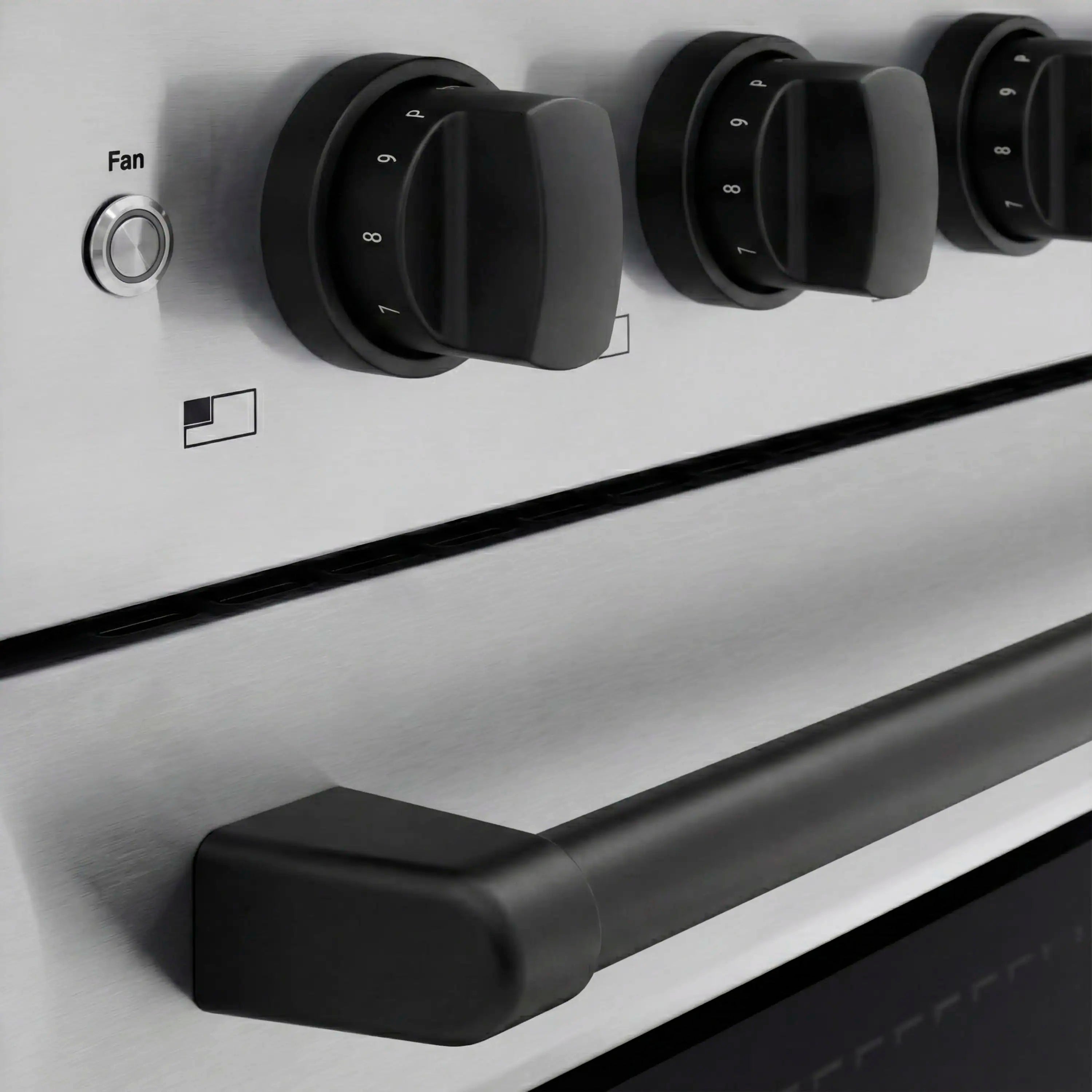 Induction range control knobs and matte black oven handle on stainless steel
