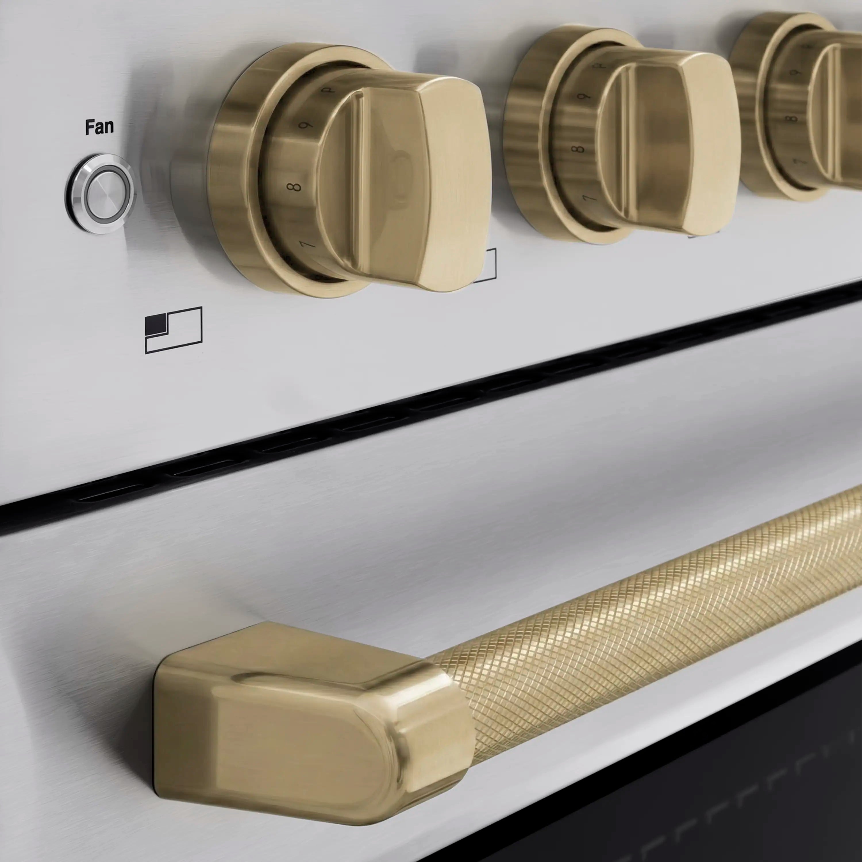 Champagne bronze helix handle and control knobs on stainless induction range