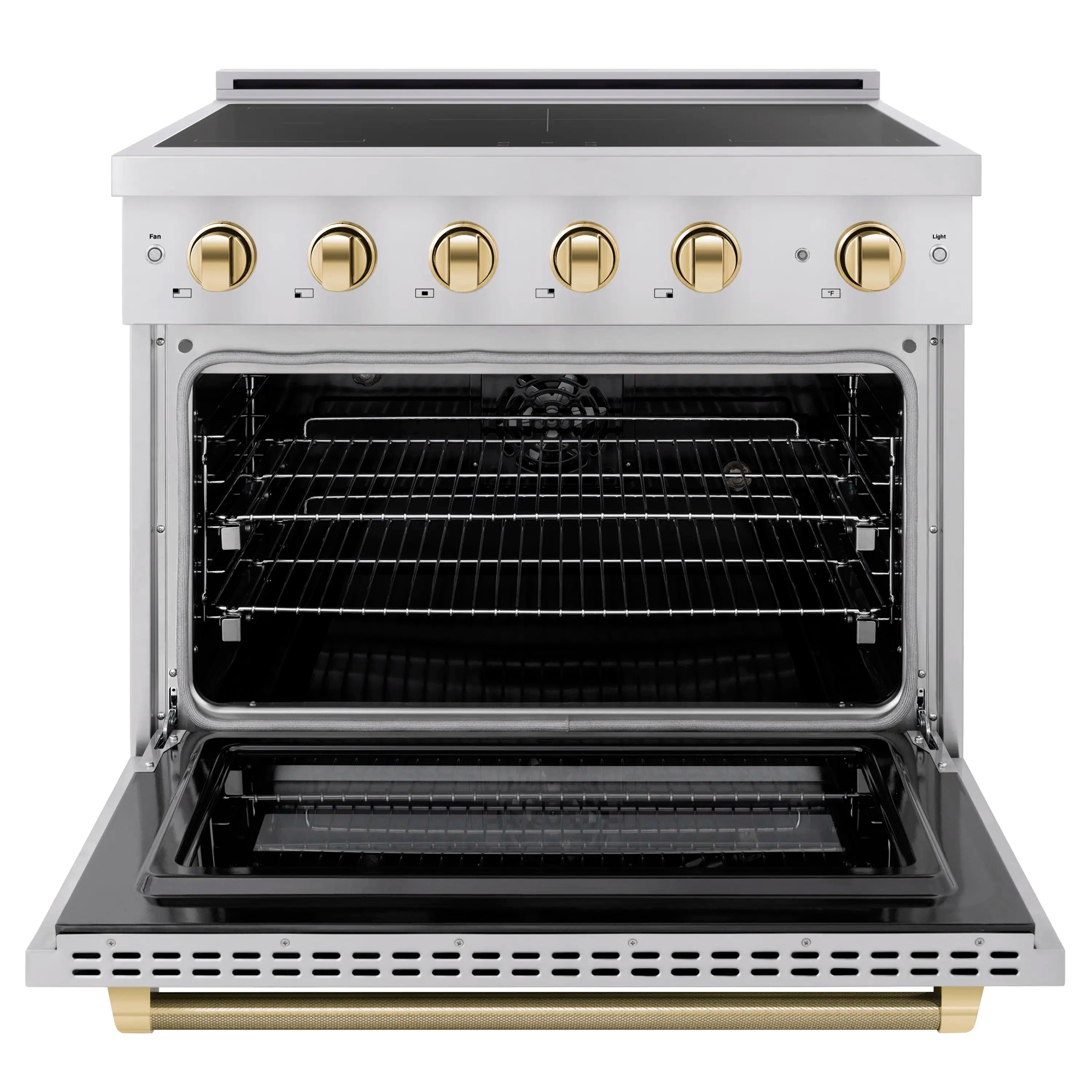 Stainless steel induction range with oven door open, black interior, and gold control knobs.