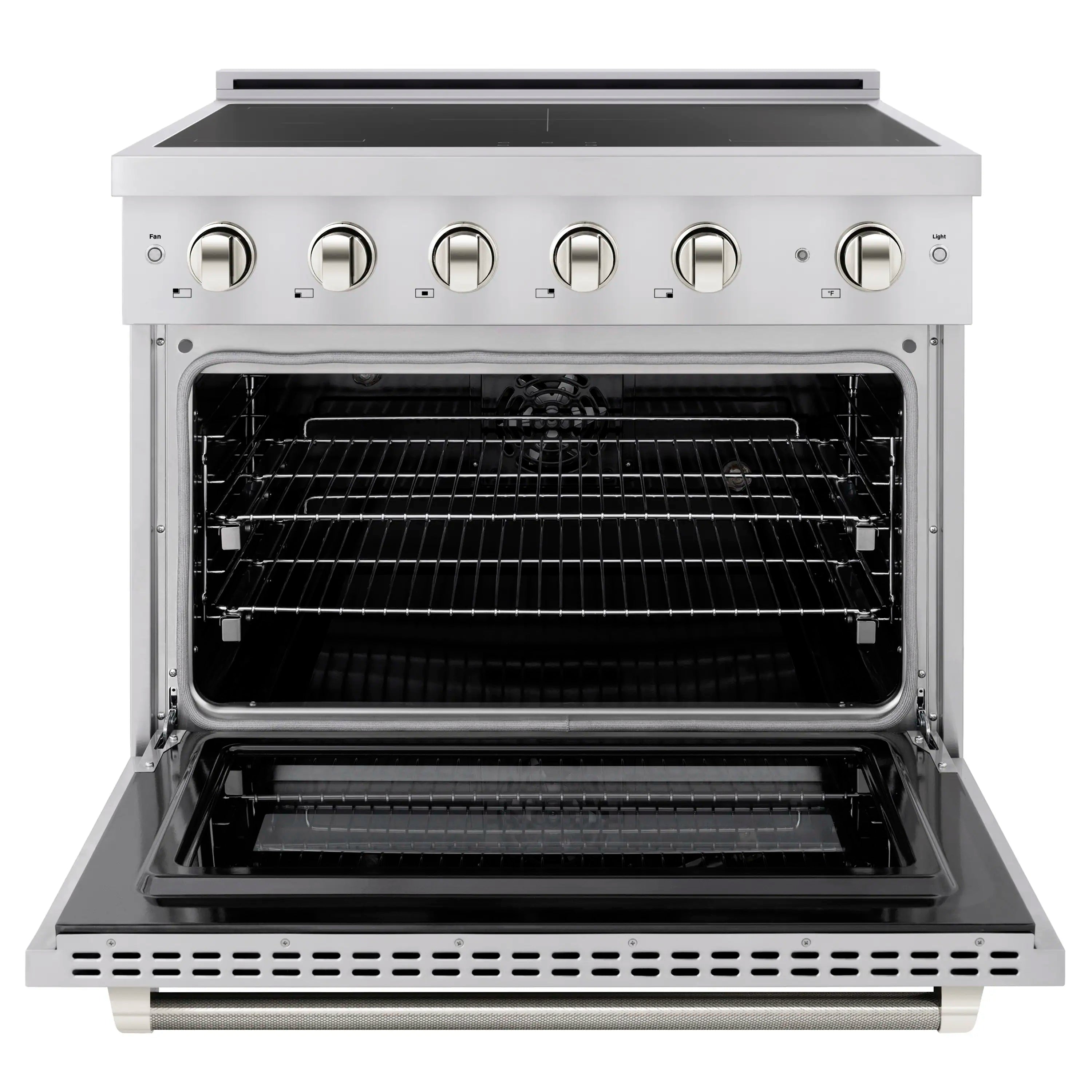 Open stainless steel convection oven with wire racks and control knobs