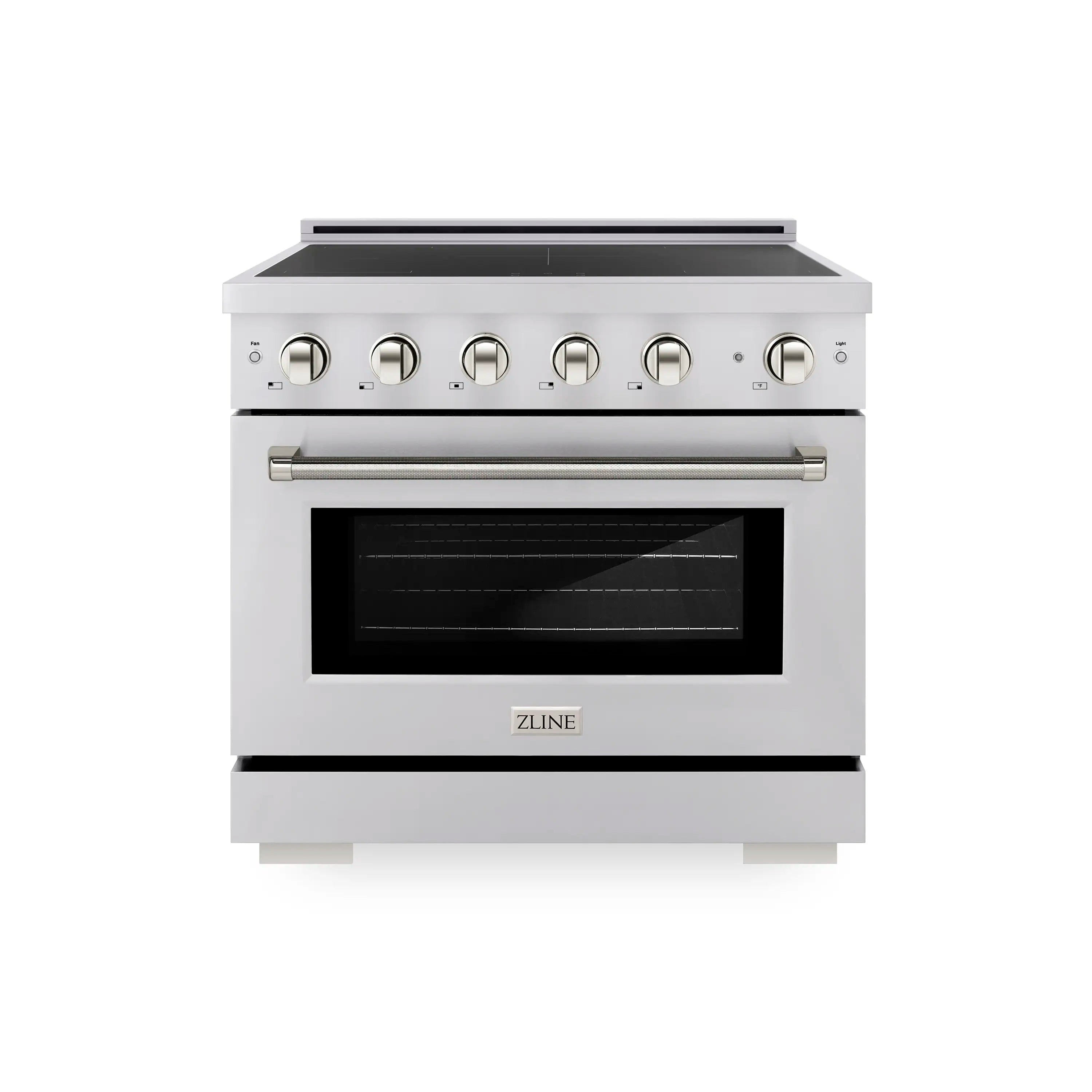 Stainless steel induction range with five control knobs and glass oven door