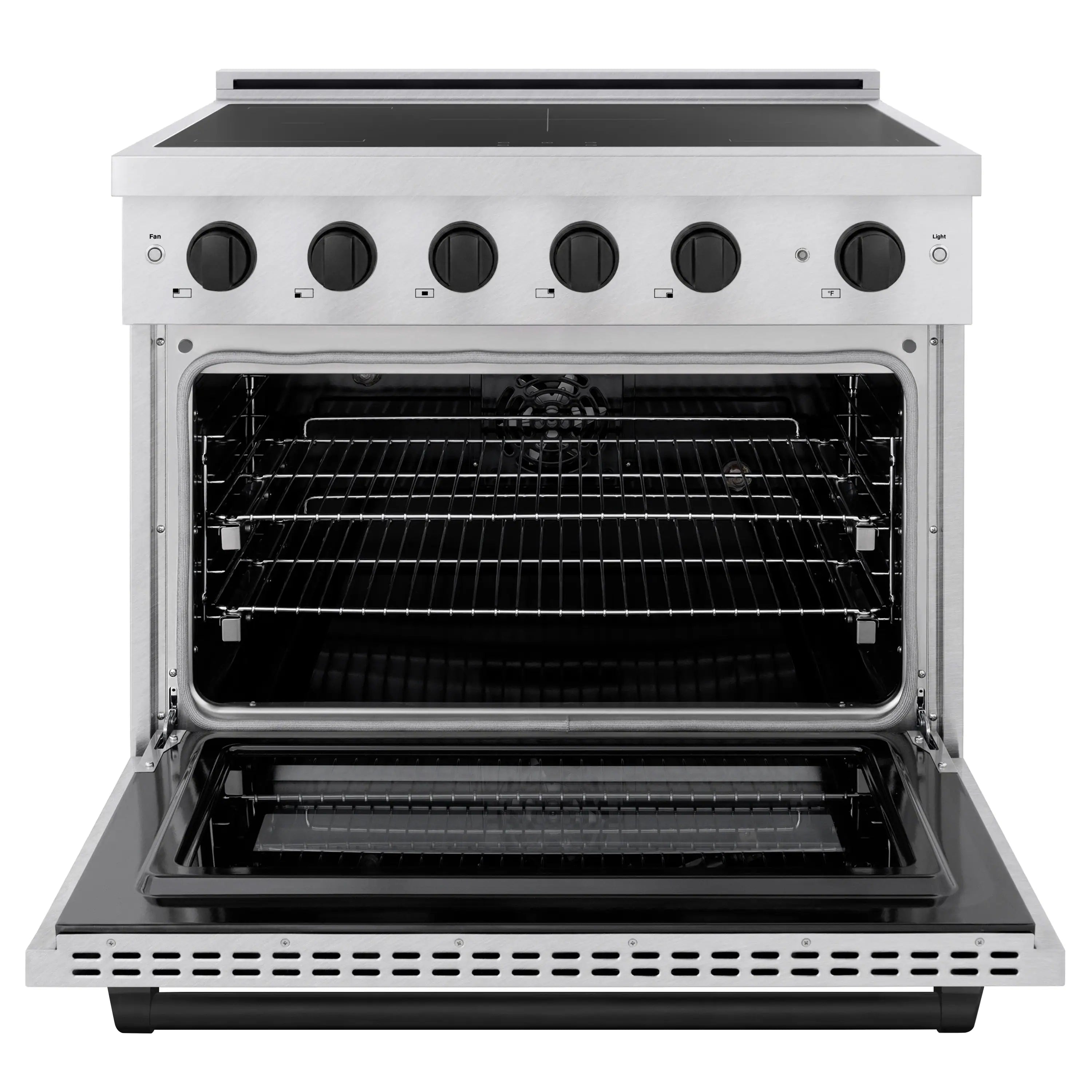 Stainless induction range with oven door open and black interior racks
