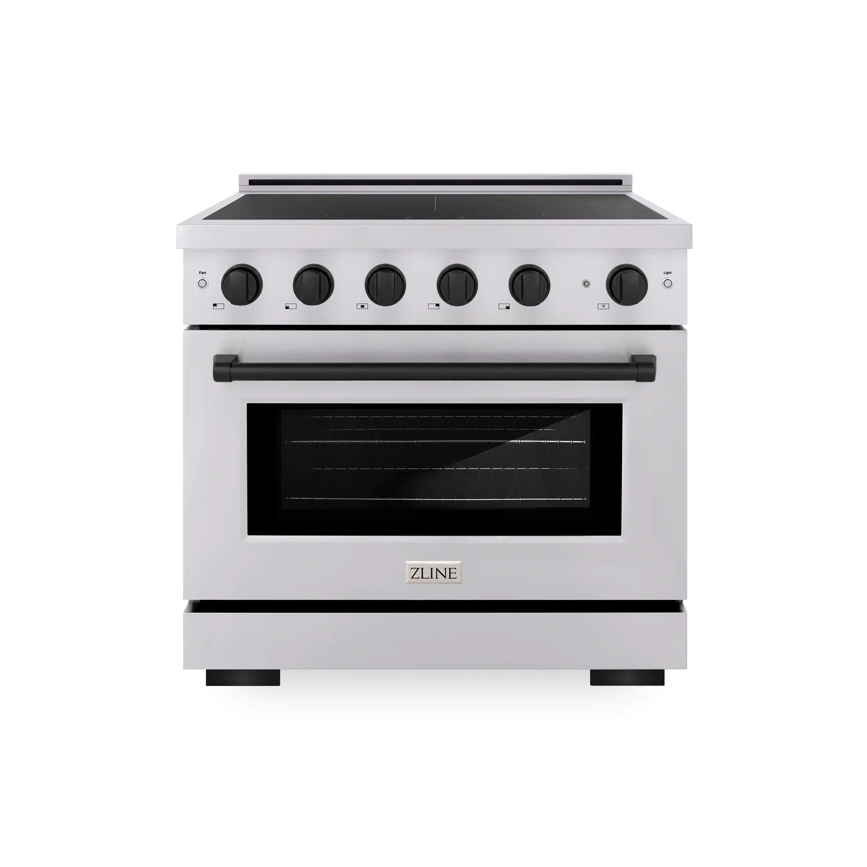 Stainless induction range front view with cooktop knobs and oven door