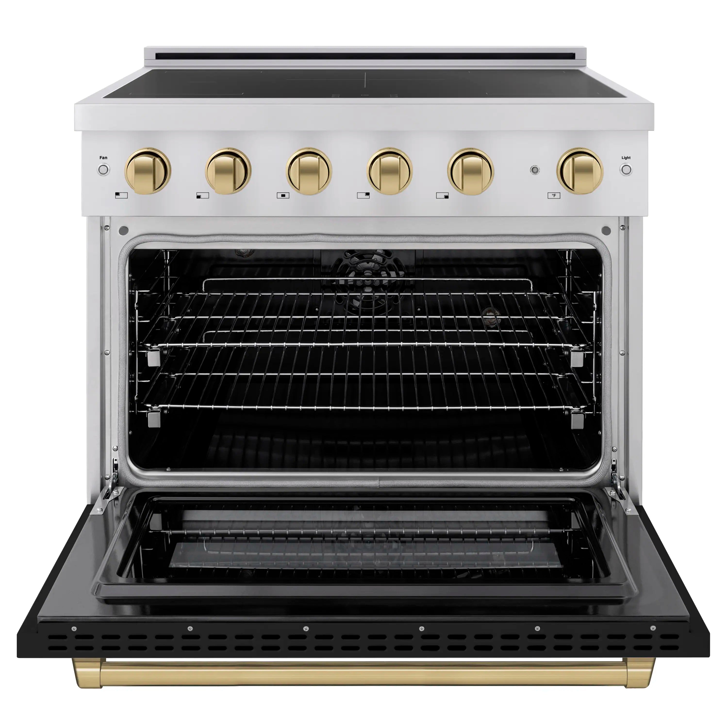 Open stainless induction oven door with black racks and champagne bronze control knobs