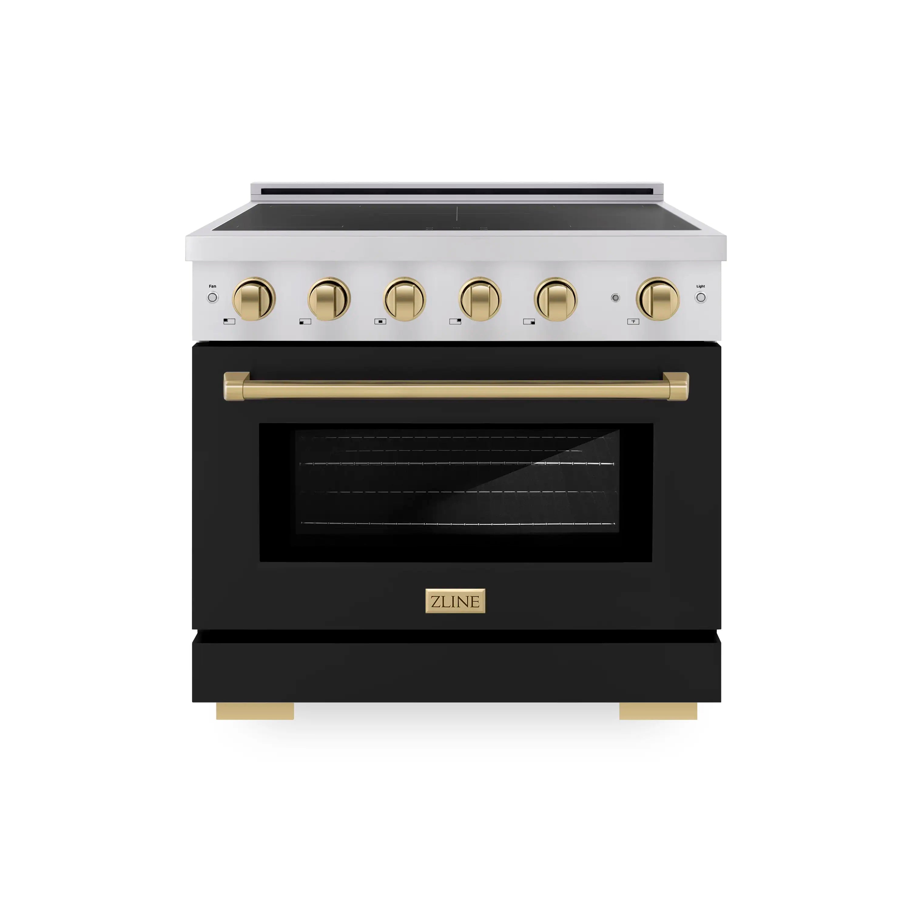 Stainless steel induction range with black matte door and champagne bronze controls