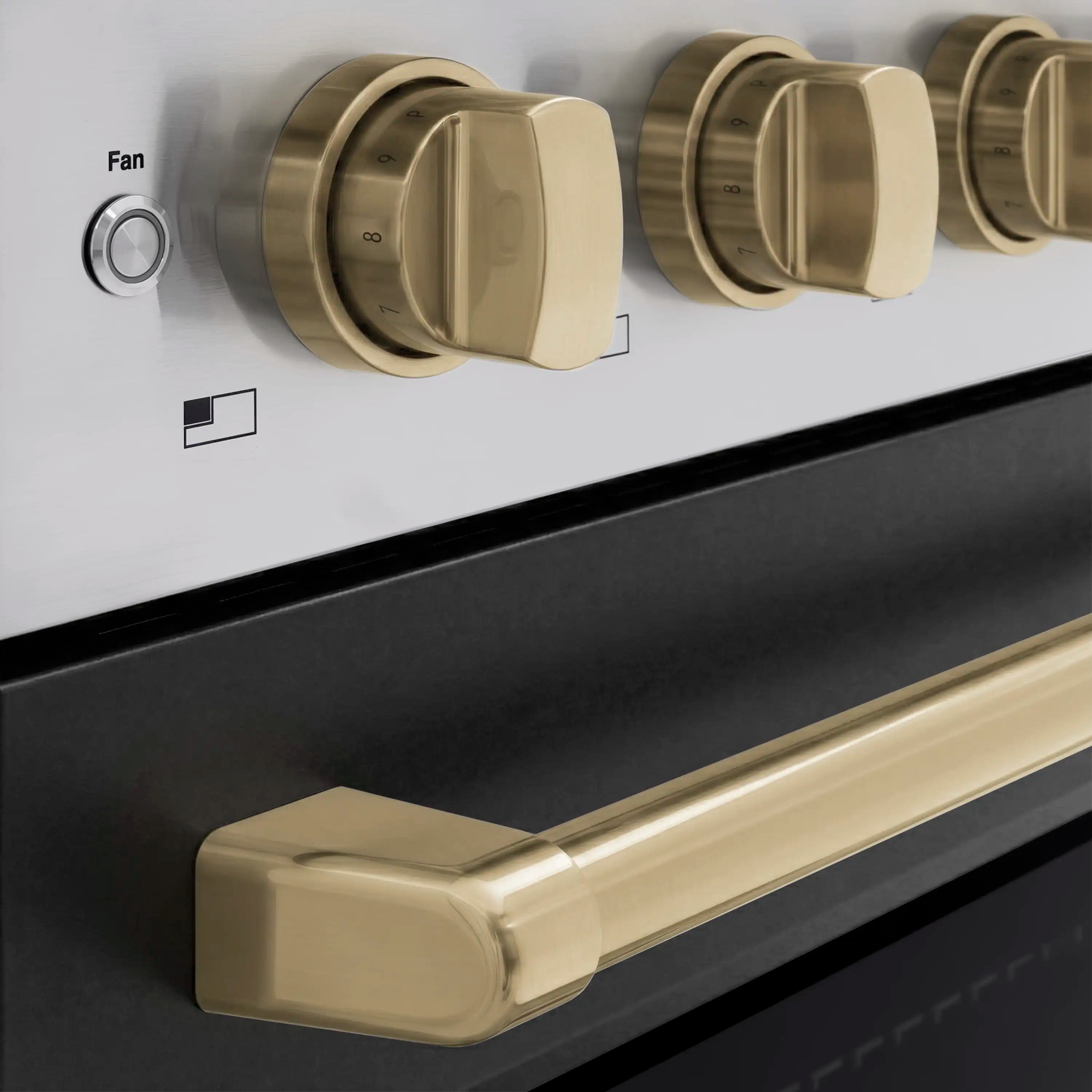Induction cooktop control knobs with champagne bronze finish and fan indicator