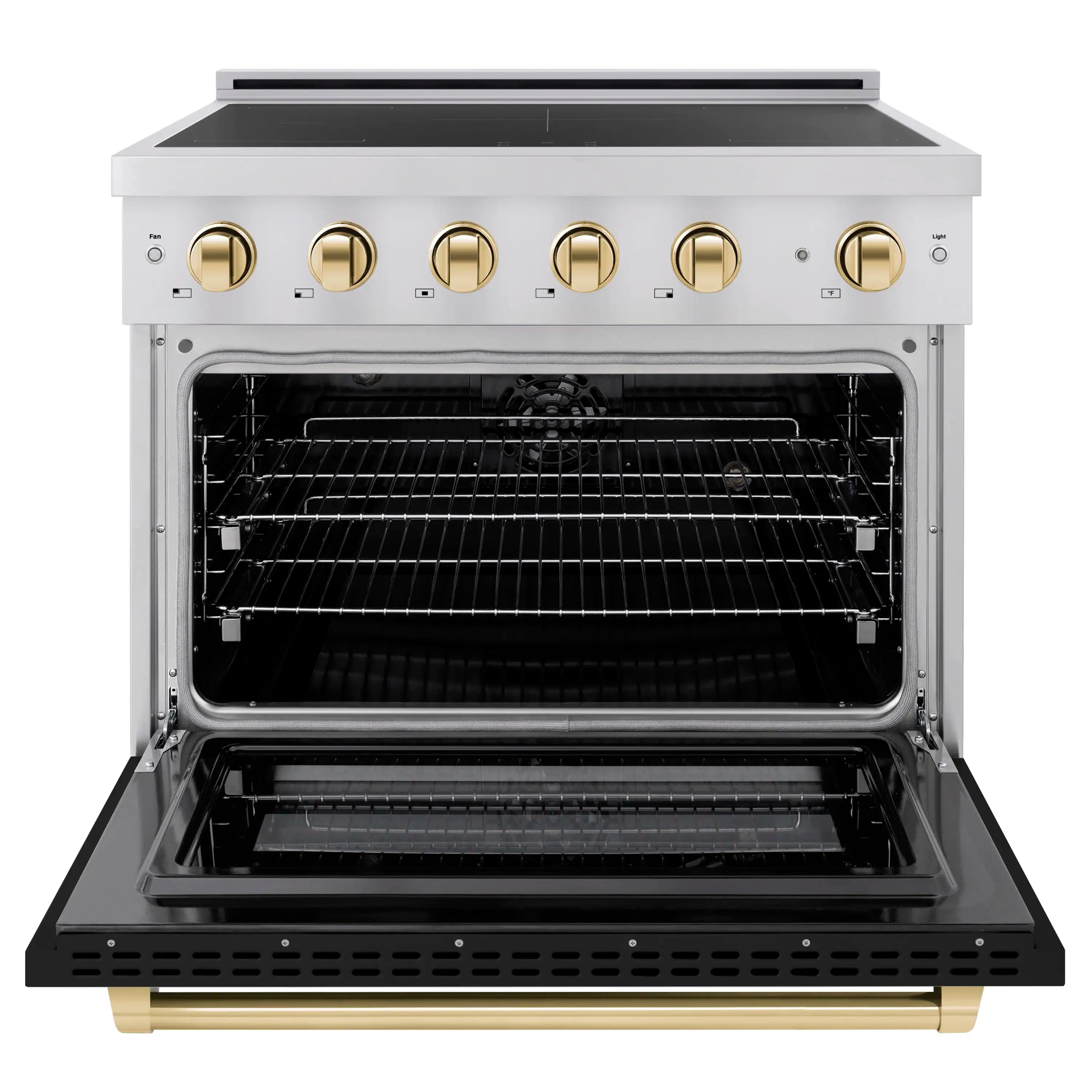 Induction oven door open with black interior racks and gold trim accents