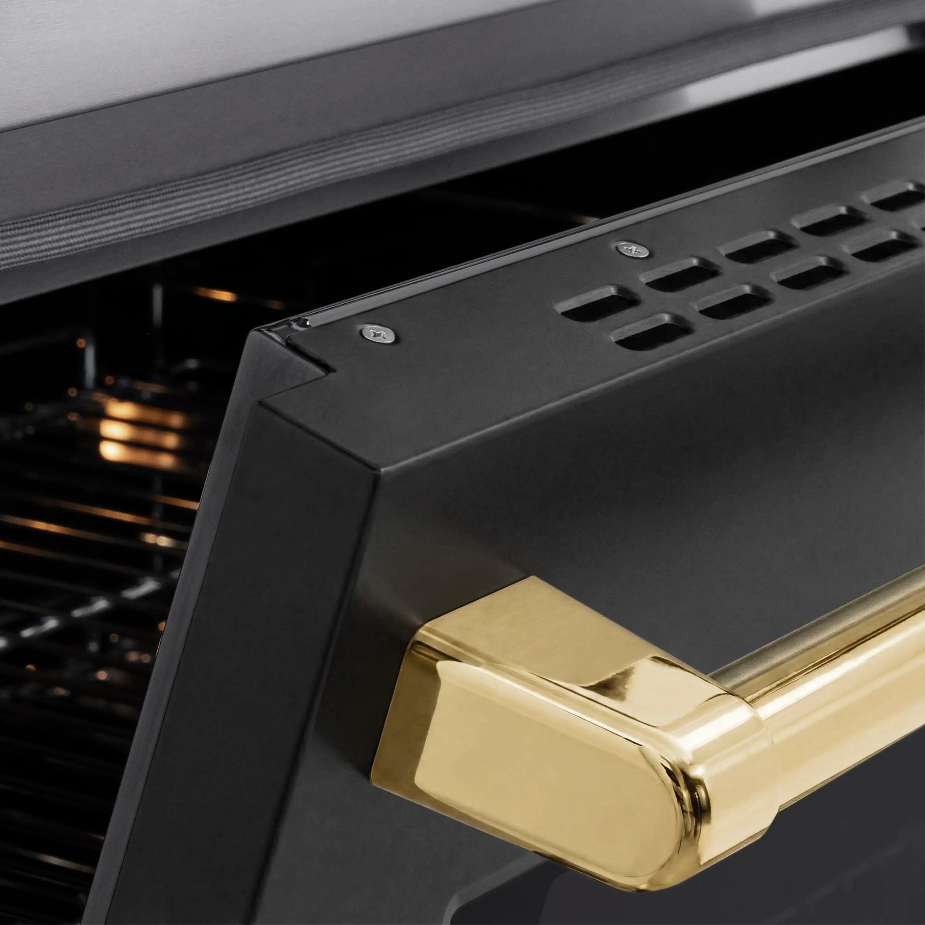 Black matte oven door with gold handle, close-up on the range front