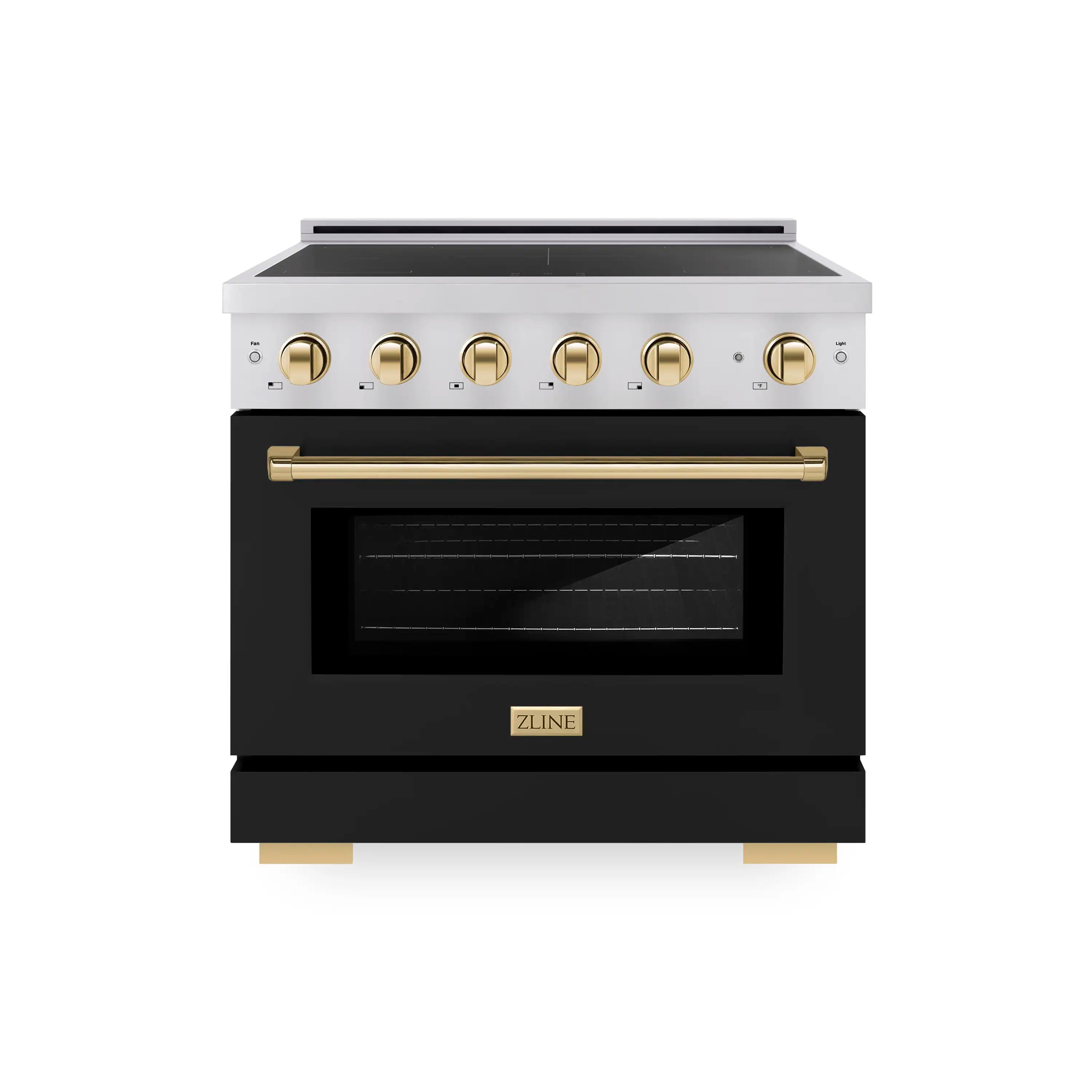 Stainless steel induction range front with black oven door window and gold knob controls