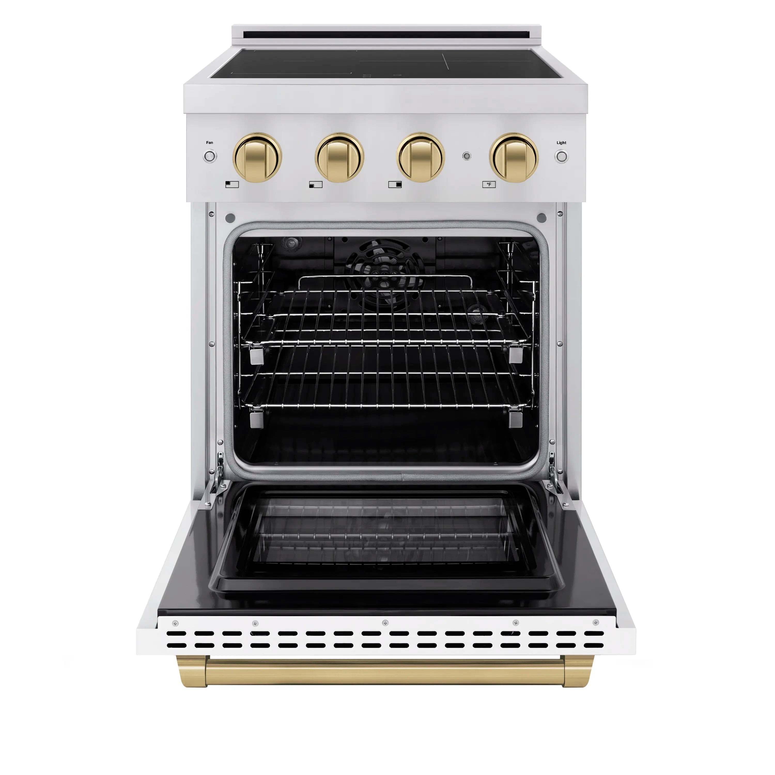 White induction range oven door open, stainless frame and gold-toned control knobs on front.