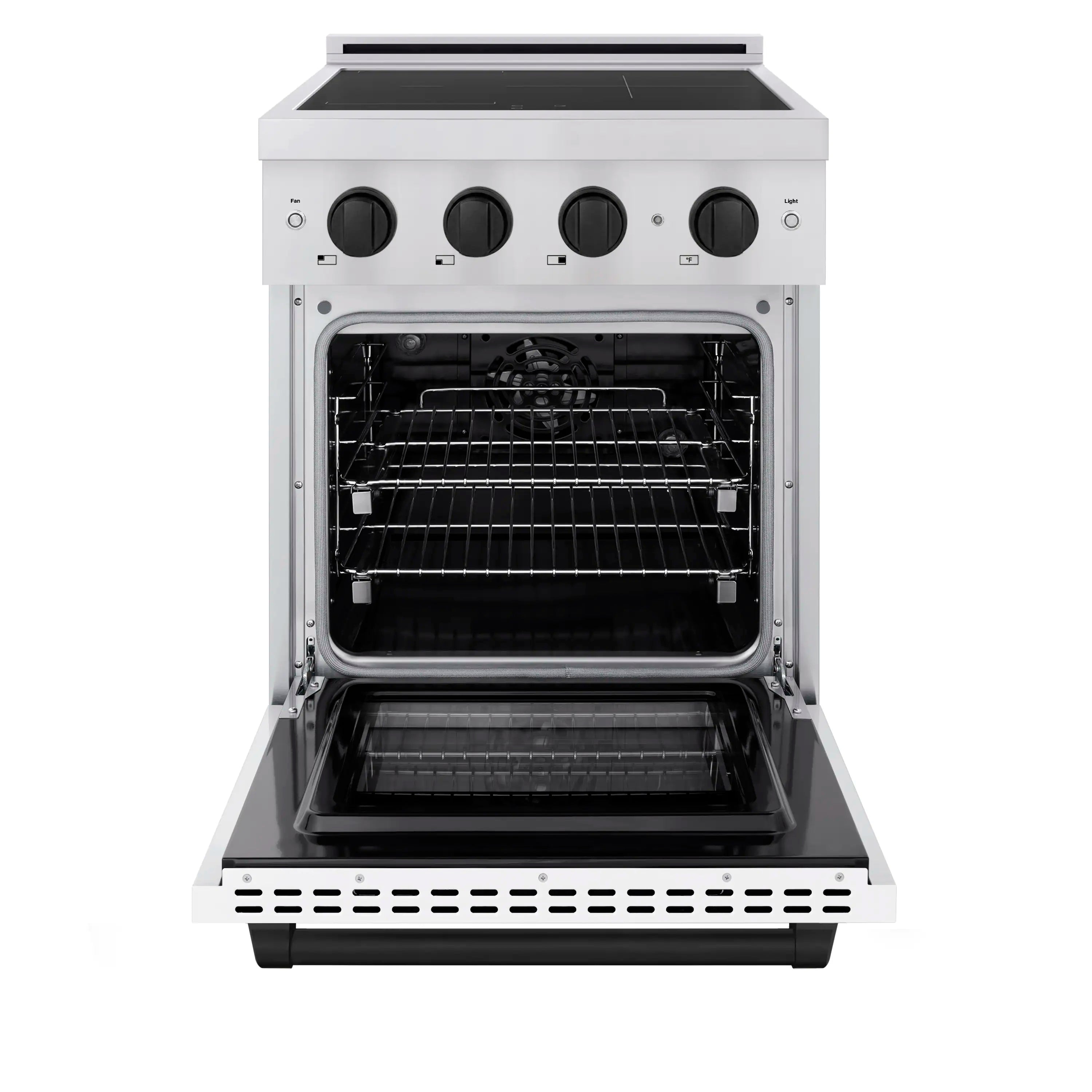 Induction range oven with open door, racks, and interior cavity
