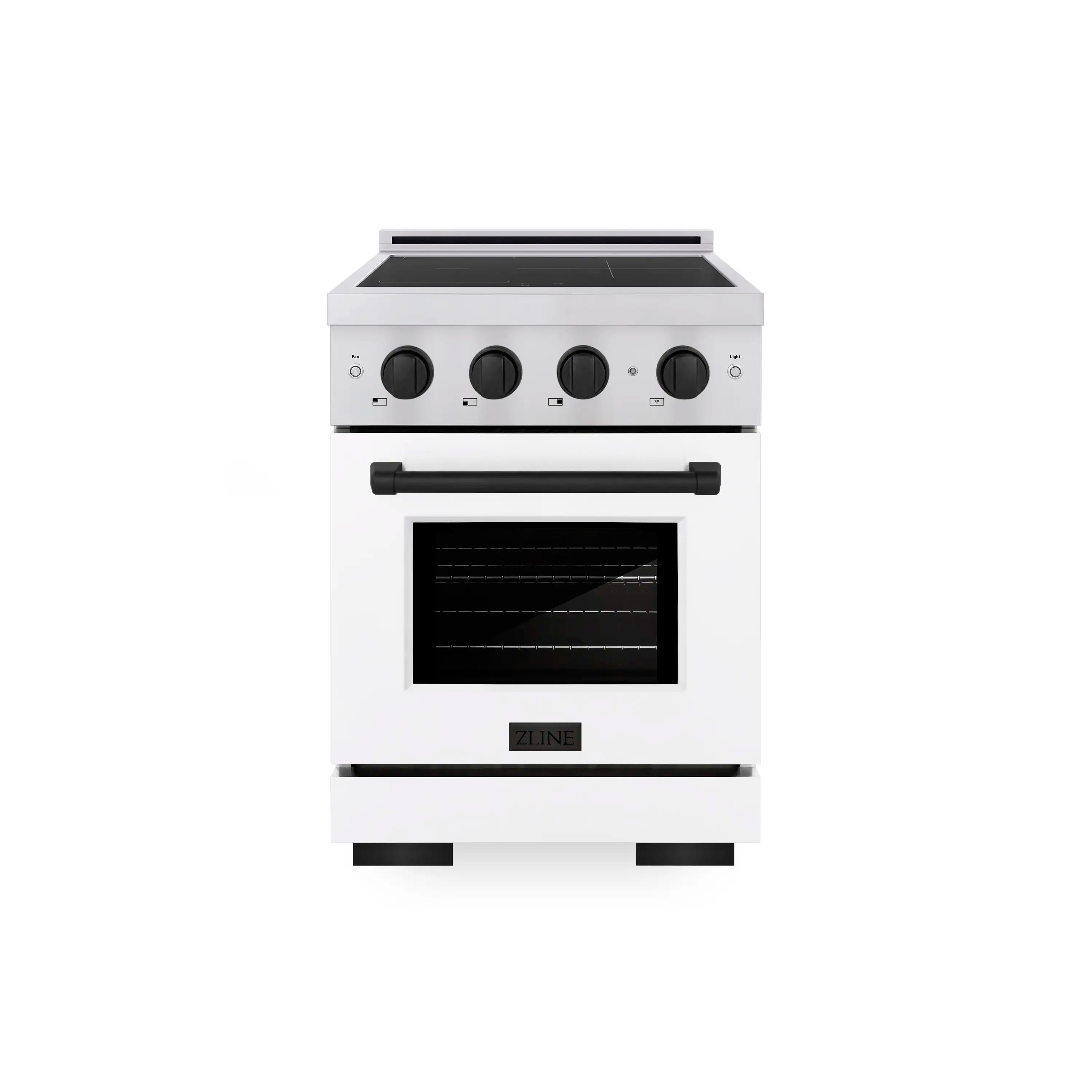 Stainless induction range with white matte oven door and black control knobs