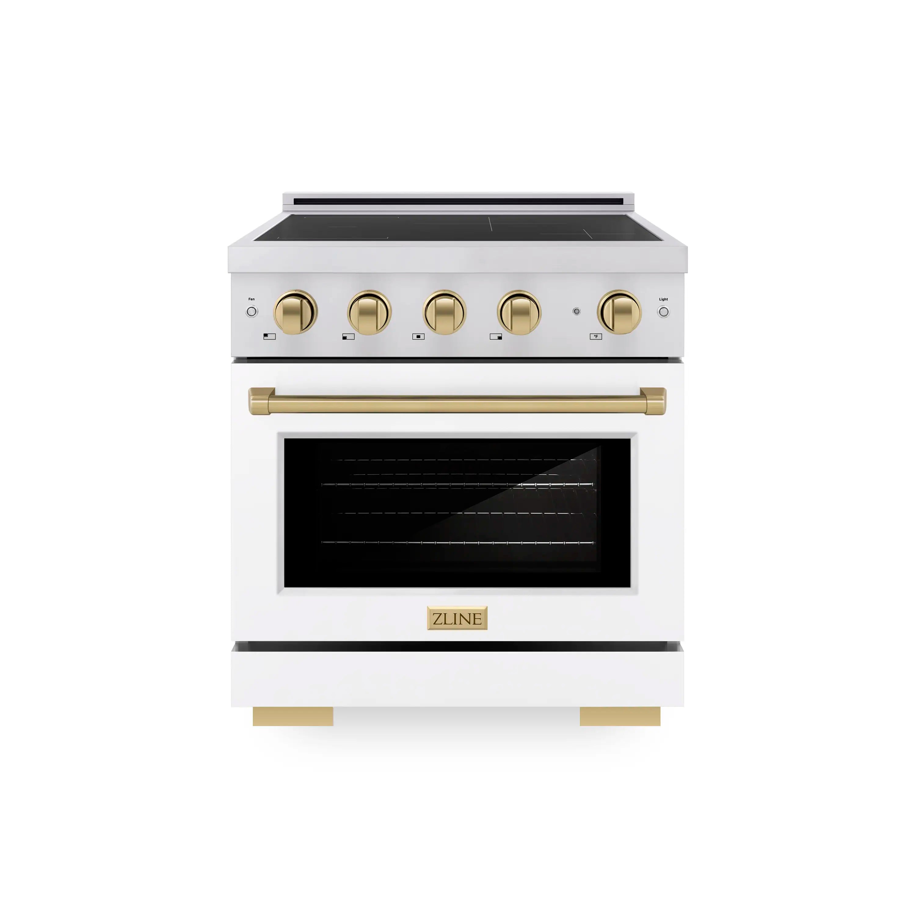 Stainless steel electric range with white matte oven door and champagne bronze control knobs.