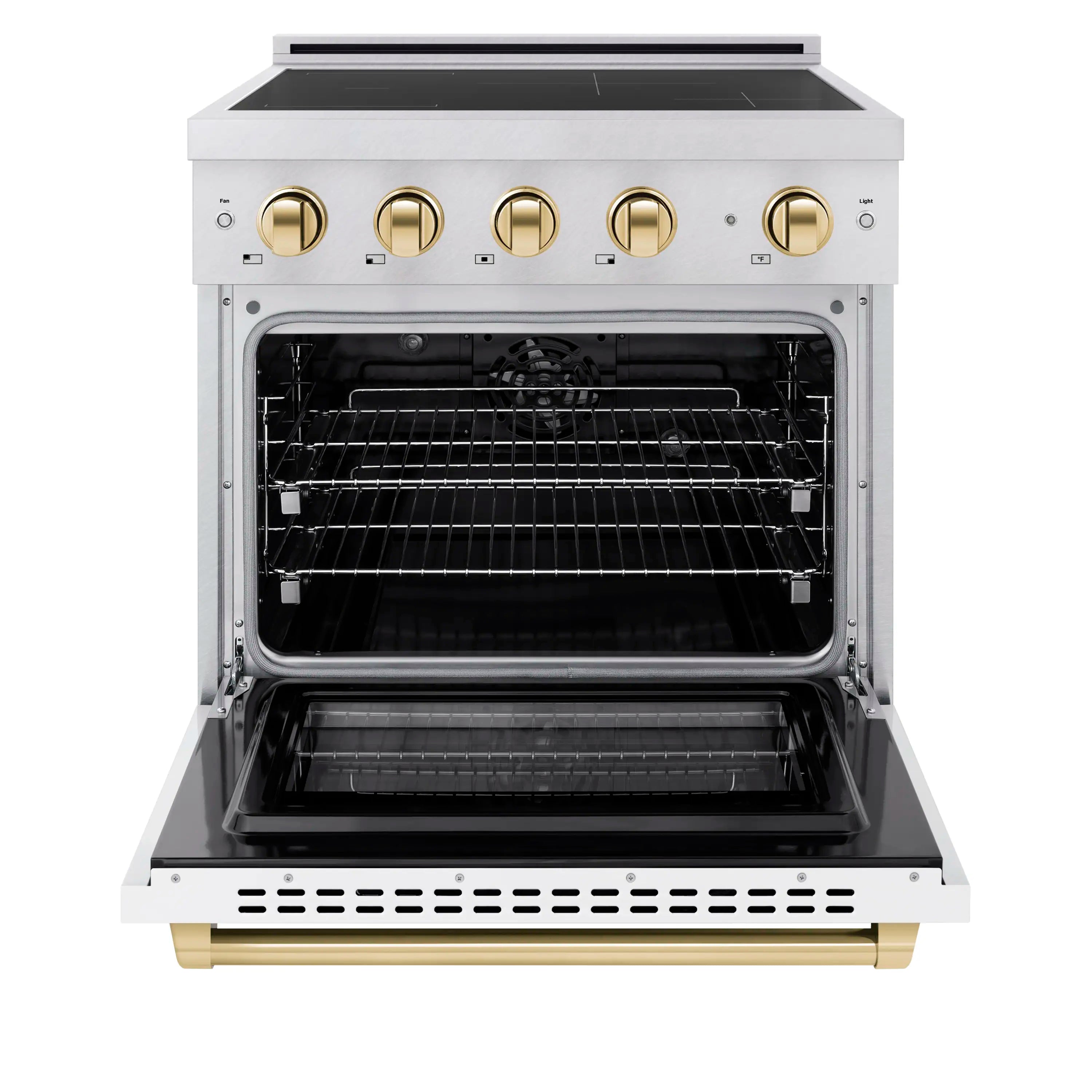 Electric convection oven door open, showing oven racks and brass-finish knobs