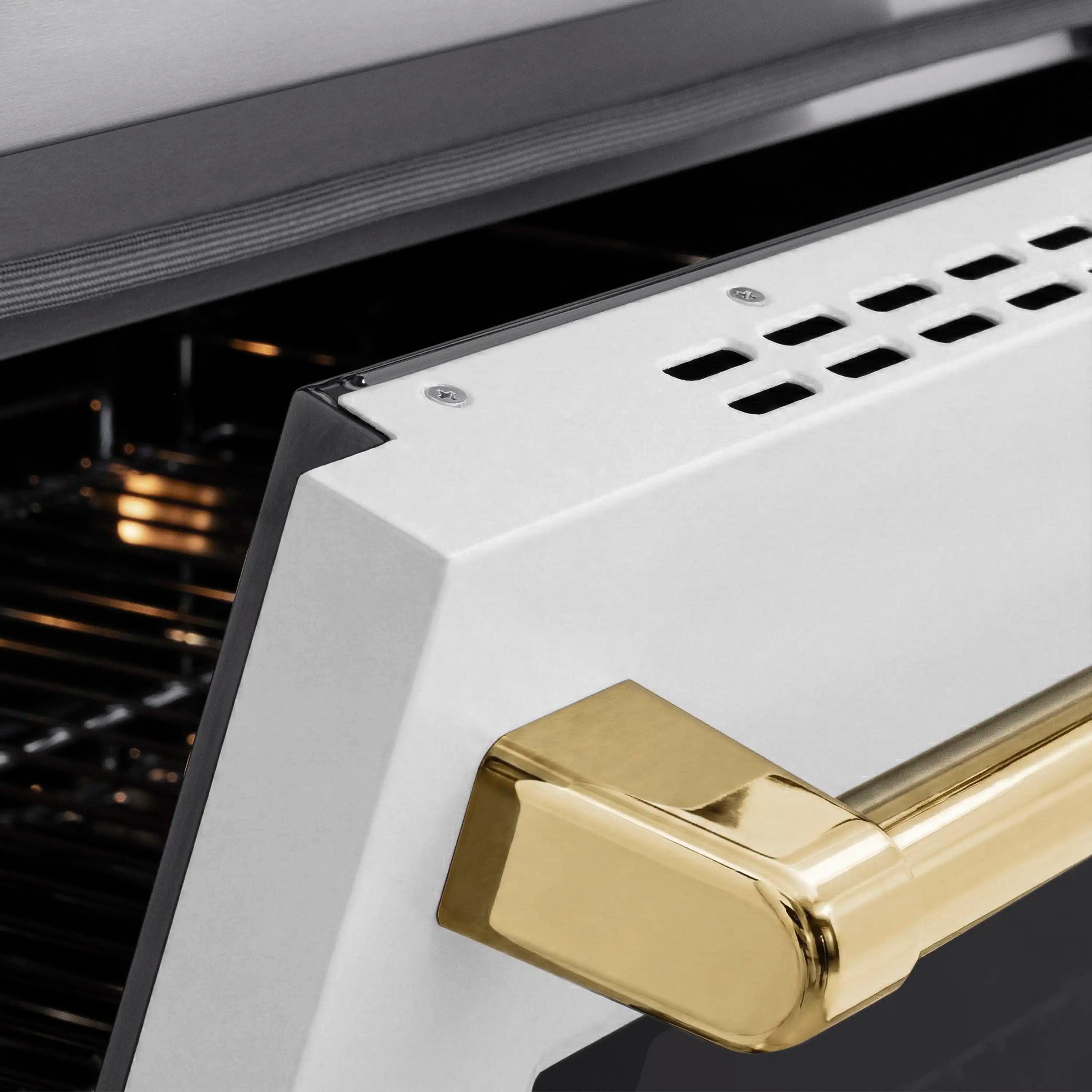 White matte oven panel with polished gold handle over convection oven interior