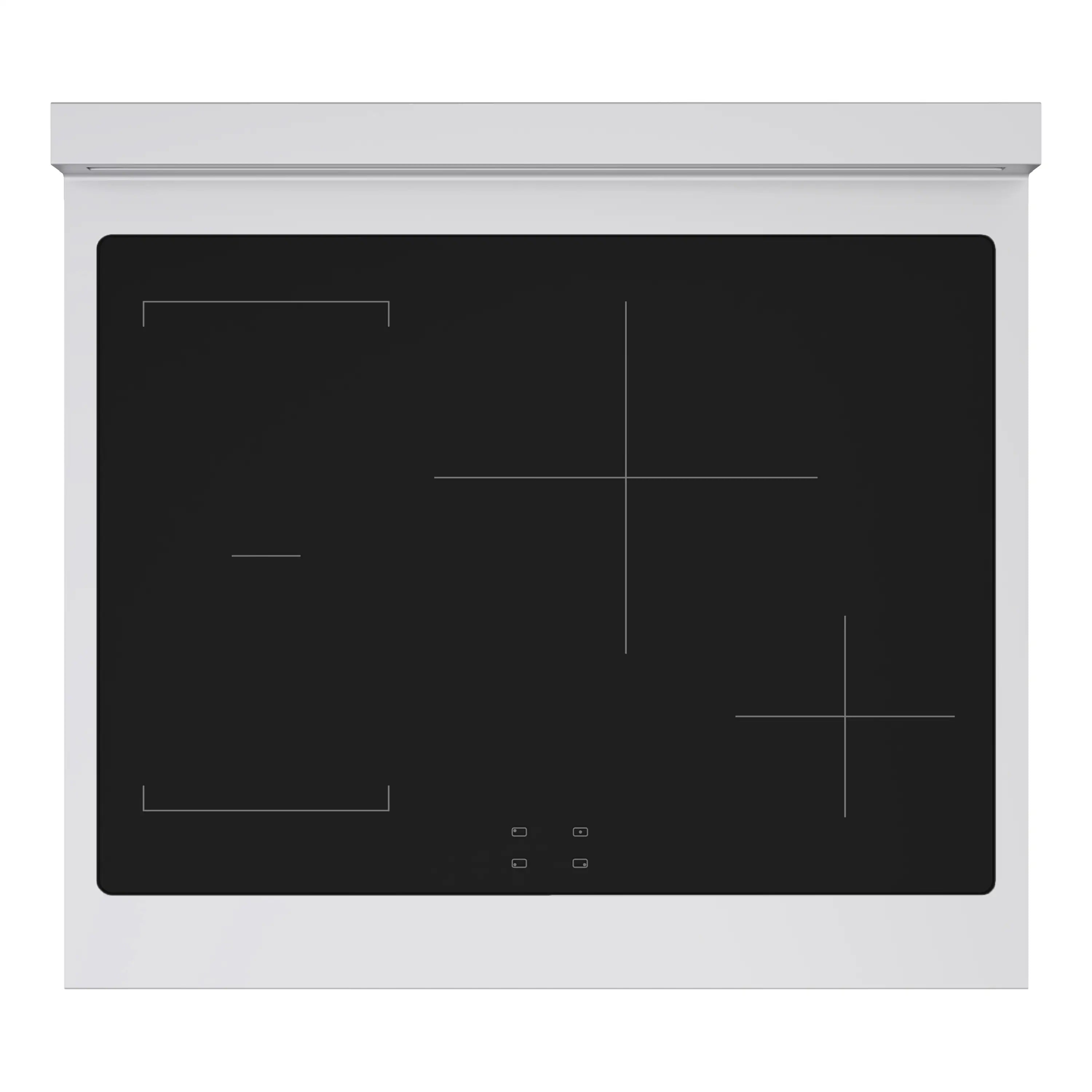 Black induction cooktop glass with touch controls on white range front